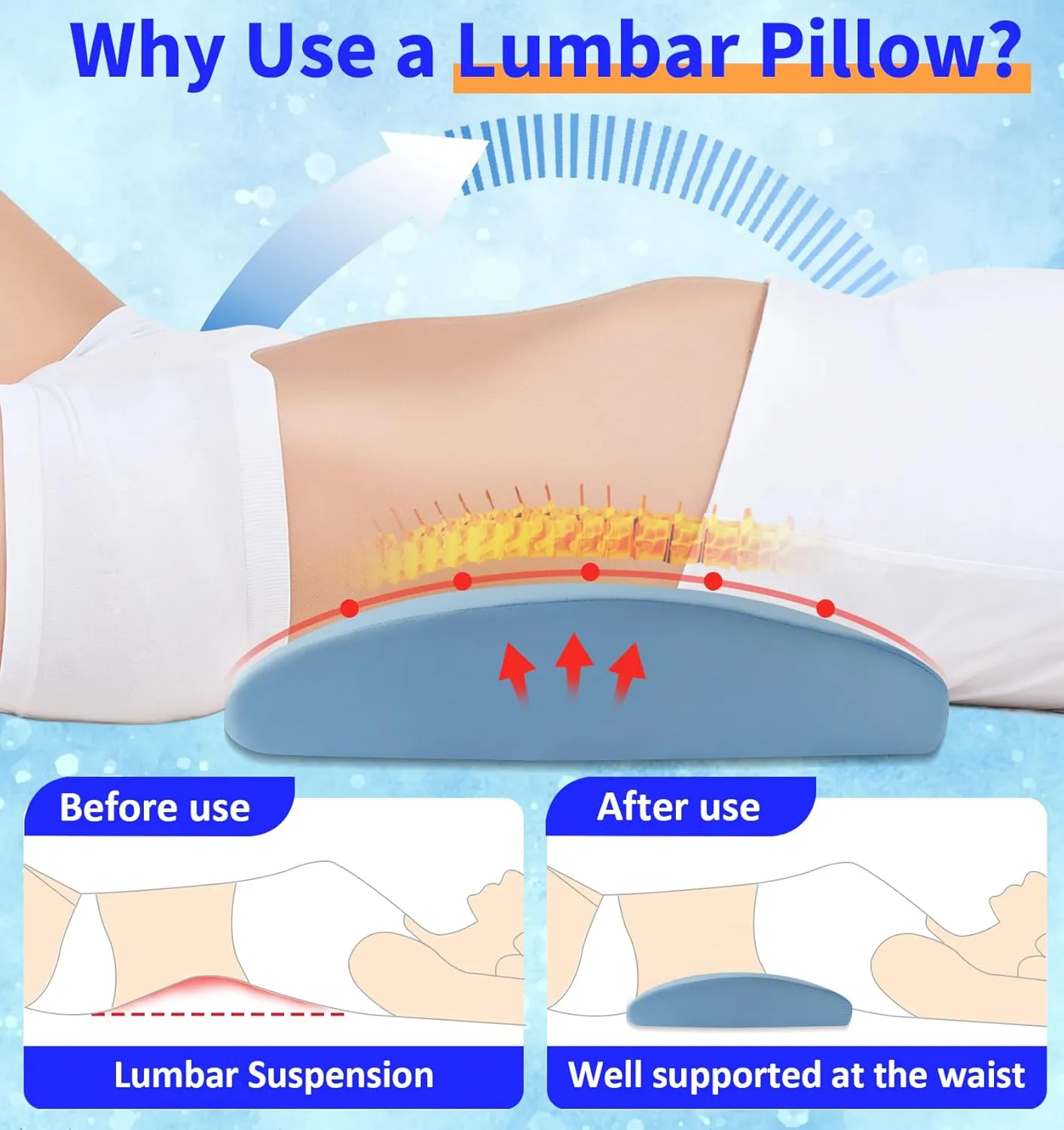 Lumbar Support Pillow for Bed Relief Back Pain: Lower Back Pillow for Sleeping - Memory Foam Waist Pillow - Cooling Back Bolster Pillow for Side, Back&Stomach Sleepers - Bed Rest Pillow for Car, Sofa