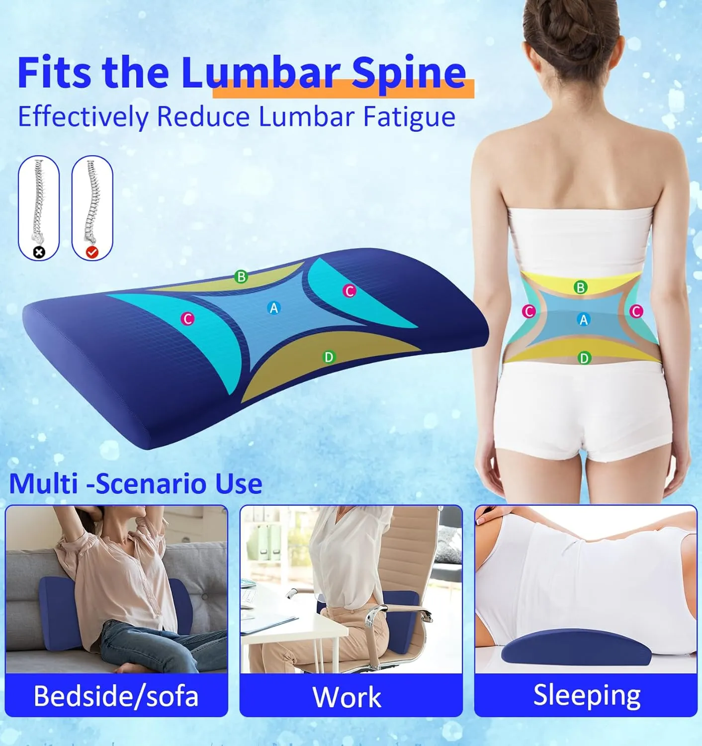 Lumbar Support Pillow for Bed Relief Back Pain: Lower Back Pillow for Sleeping - Memory Foam Waist Pillow - Cooling Back Bolster Pillow for Side, Back&Stomach Sleepers - Bed Rest Pillow for Car, Sofa