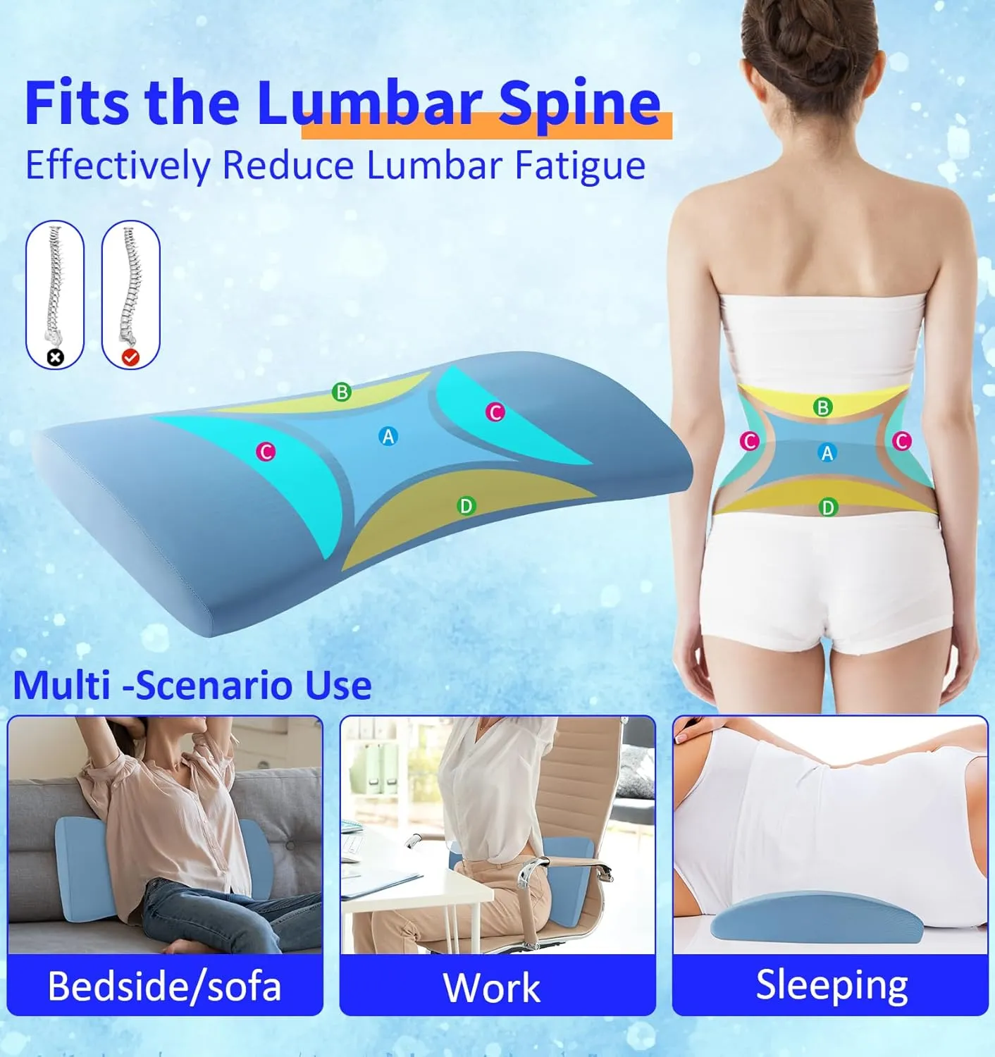 Lumbar Support Pillow for Bed Relief Back Pain: Lower Back Pillow for Sleeping - Memory Foam Waist Pillow - Cooling Back Bolster Pillow for Side, Back&Stomach Sleepers - Bed Rest Pillow for Car, Sofa