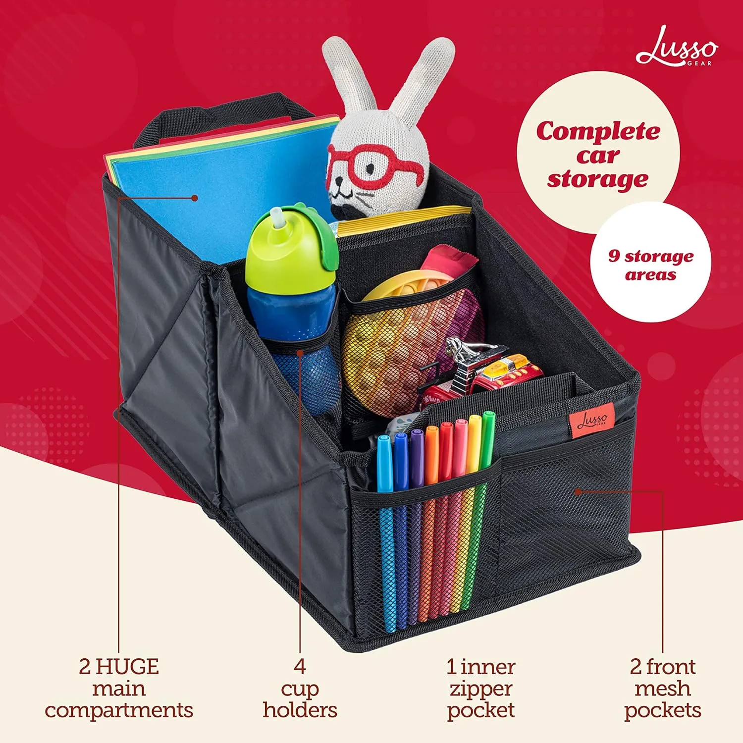 Lusso Gear Car Seat Organizer for Front or Backseat - Great for Adults & Kids, Features 9 Storage Compartments for Toys, Magazines, Tissues, Maps, Books, Documents, Games & More (Floral)