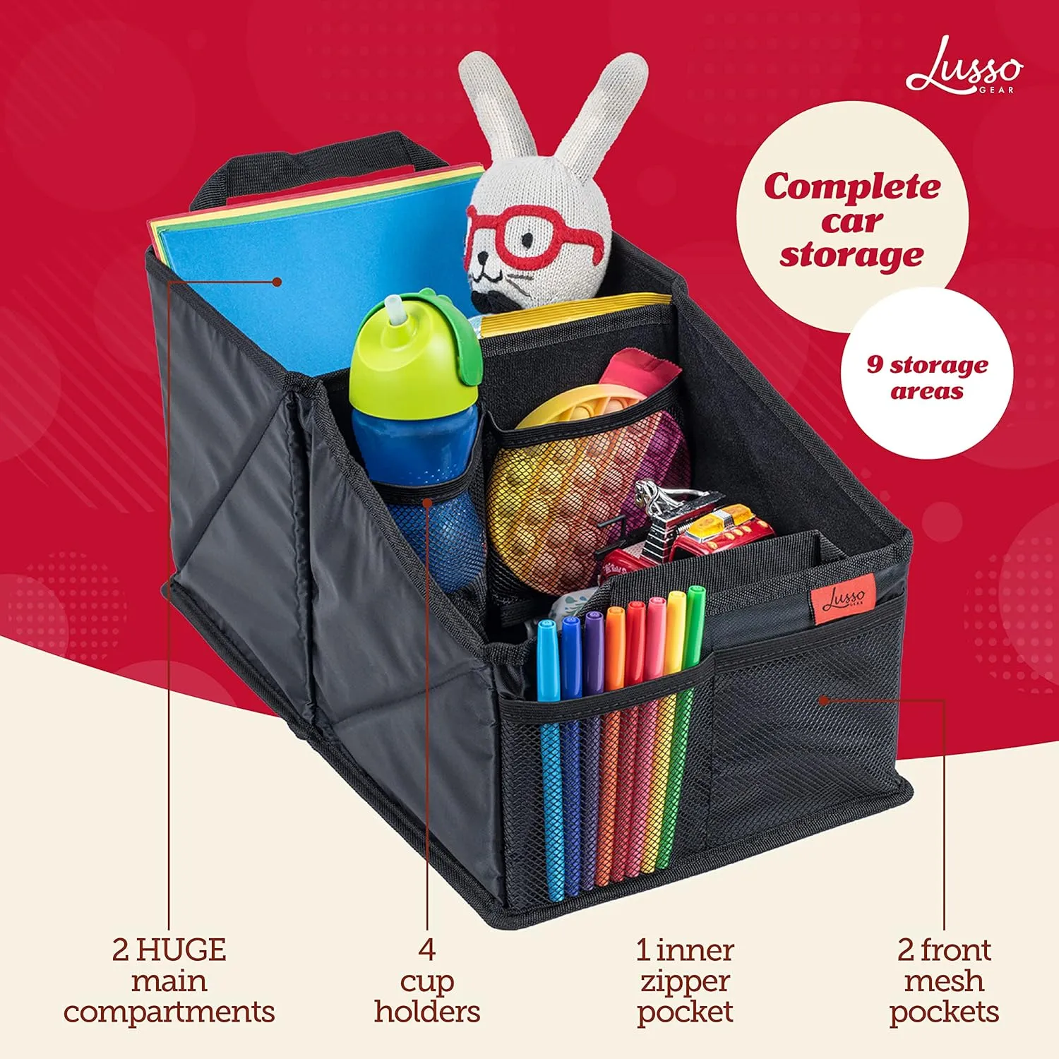 Lusso Gear Car Seat Organizer with Cup Holders for Front, Back, Passenger Seats, Truck and Van, 9 Auto Storage Compartments for Travel Organization of Trunk, Seats, Mobile Office (Gray)