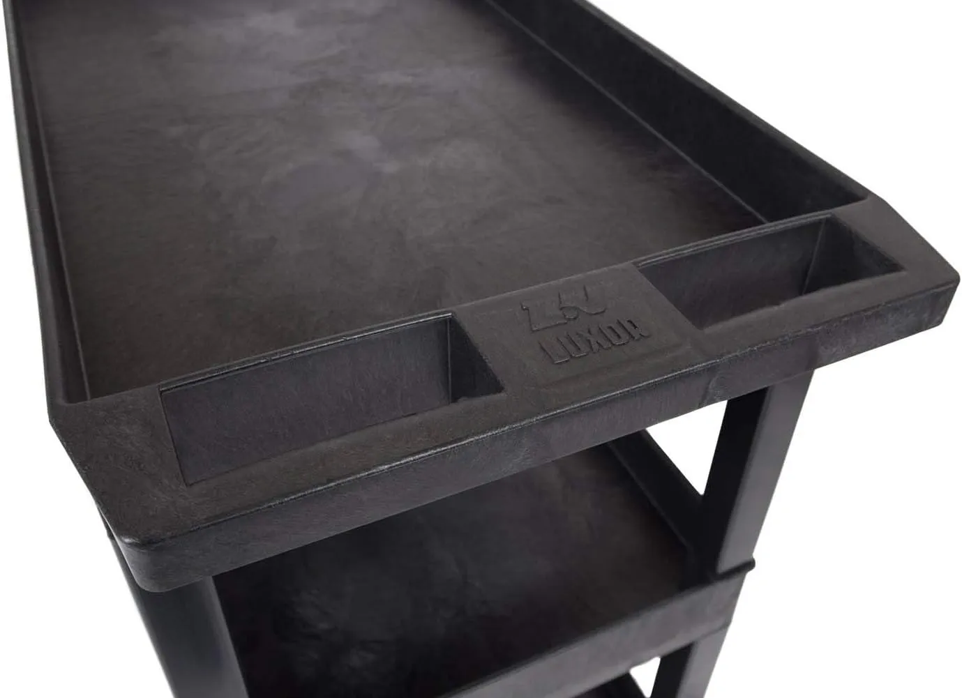 LUXOR EC111-B Heavy Duty Plastic Utility Cart, 32" x 18" Rolling Tub Cart with Three Shelves, 300 lbs. Capacity, Ergonomic Push Handle, Black