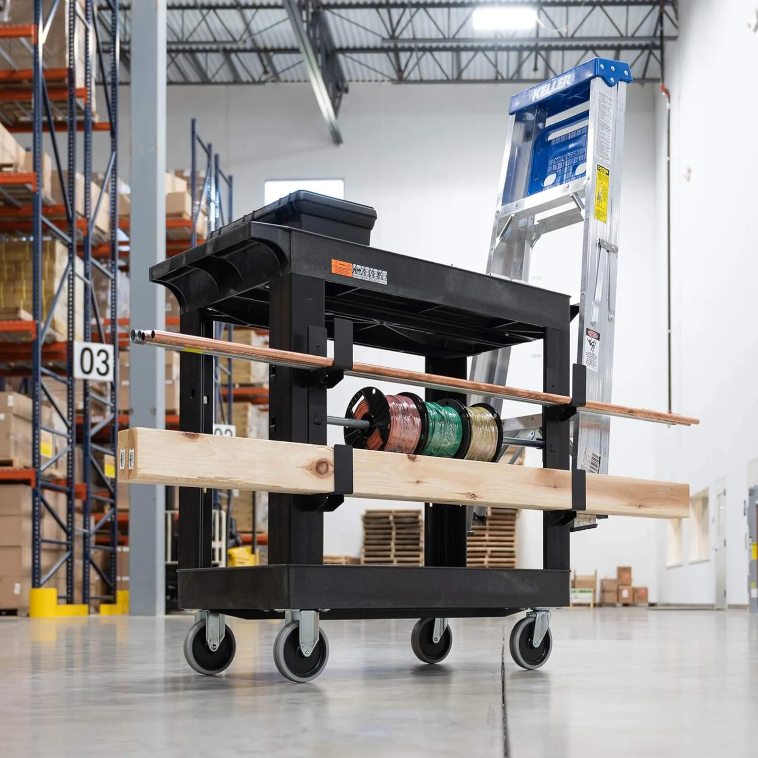 LUXOR EC111-B Heavy Duty Plastic Utility Cart, 32" x 18" Rolling Tub Cart with Three Shelves, 300 lbs. Capacity, Ergonomic Push Handle, Black