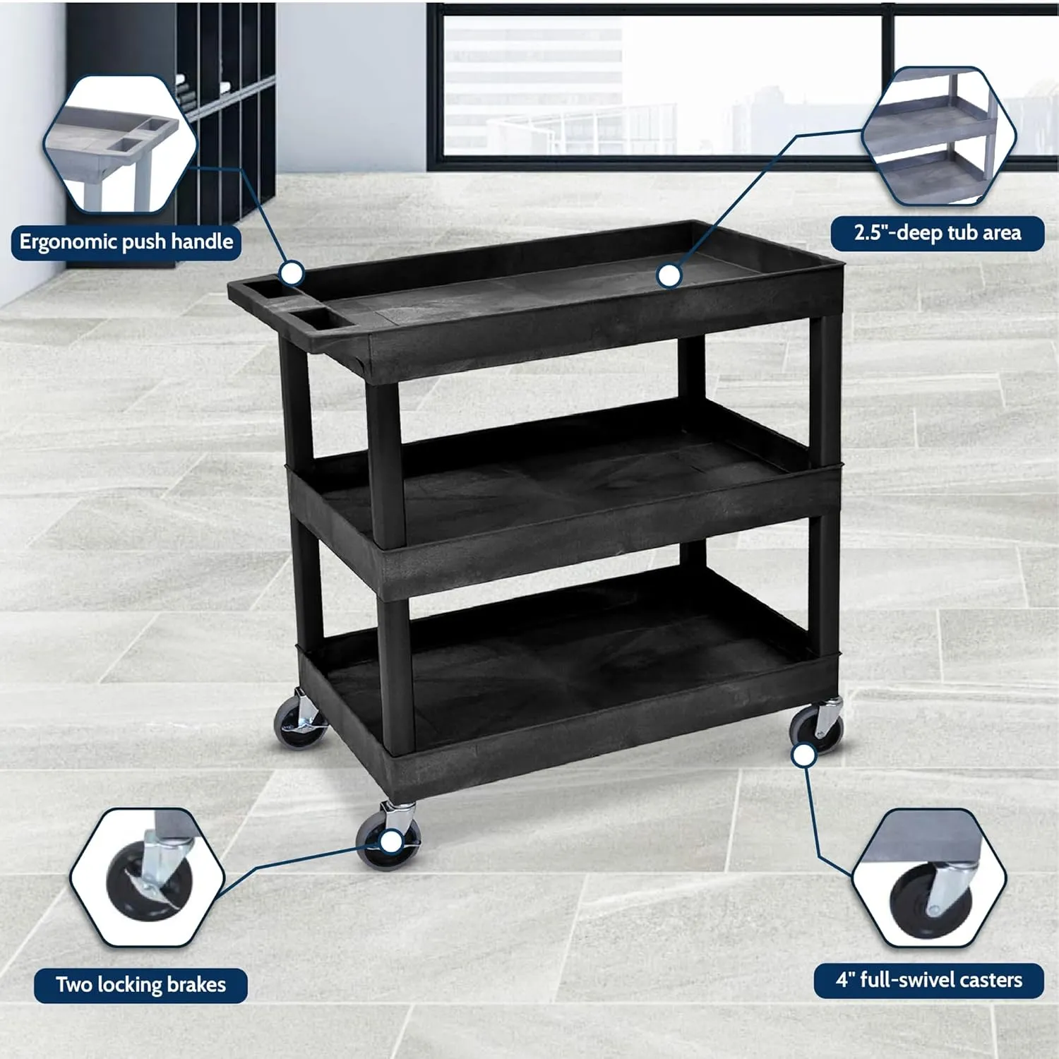 LUXOR EC111-B Heavy Duty Plastic Utility Cart, 32" x 18" Rolling Tub Cart with Three Shelves, 300 lbs. Capacity, Ergonomic Push Handle, Black