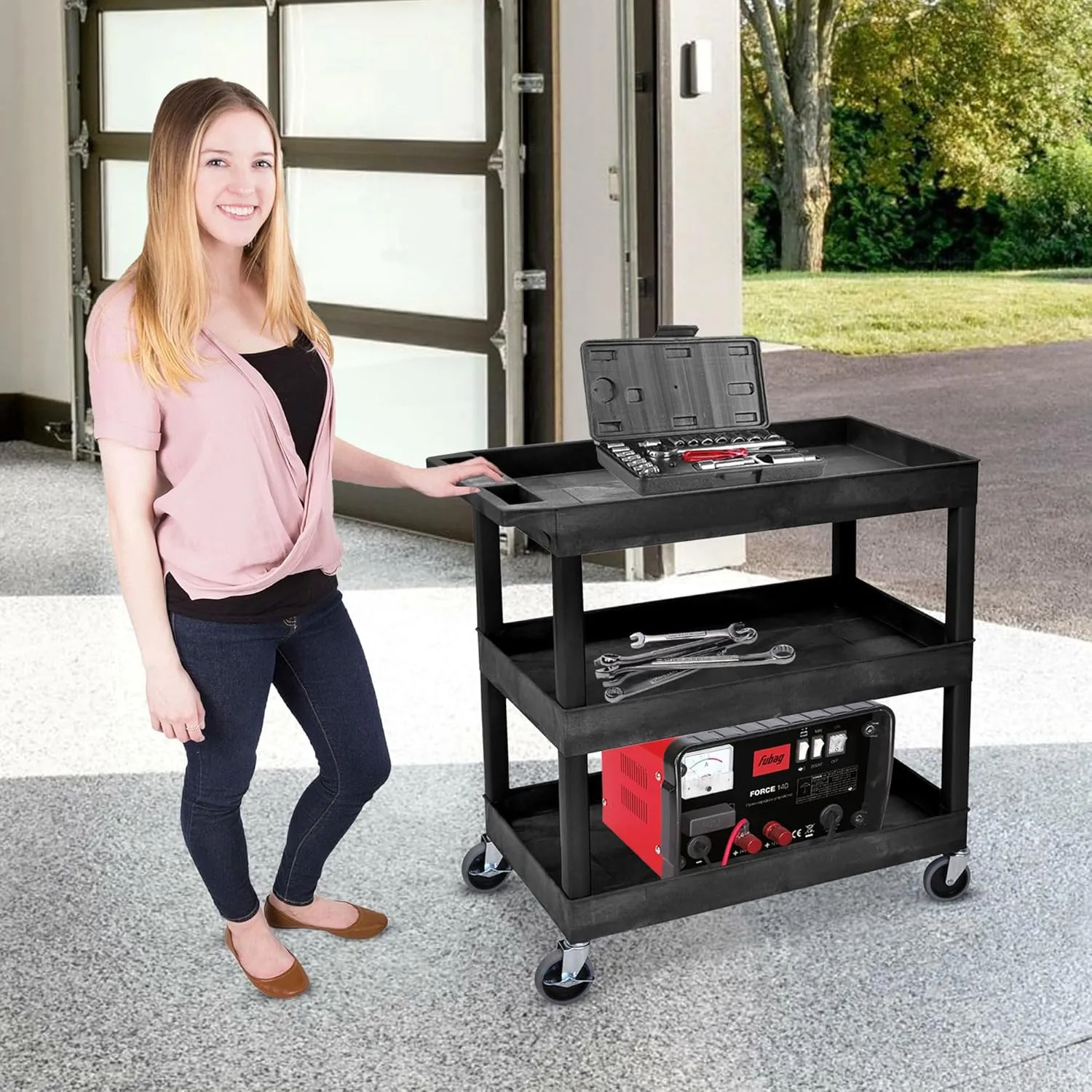 LUXOR EC111-B Heavy Duty Plastic Utility Cart, 32" x 18" Rolling Tub Cart with Three Shelves, 300 lbs. Capacity, Ergonomic Push Handle, Black