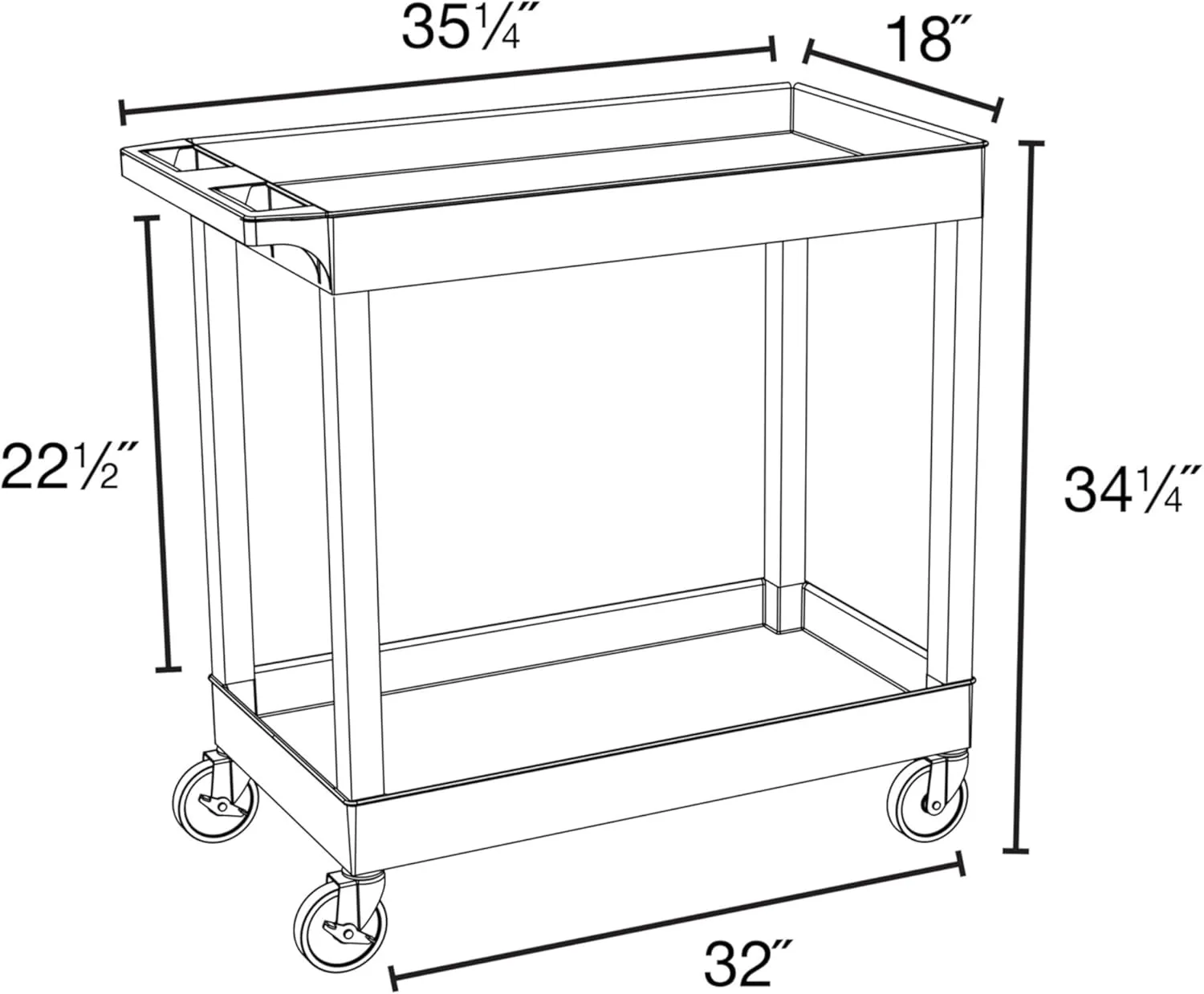 Luxor EC11HD-B 32" x 18" Tub Cart - Two Shelves, Four 5" Heavy-Duty Casters, Two Stationary and Two Full-Swivel with Locking Brake, 125 lbs. Capacity Per Shelf, Ergonomic Push Handle