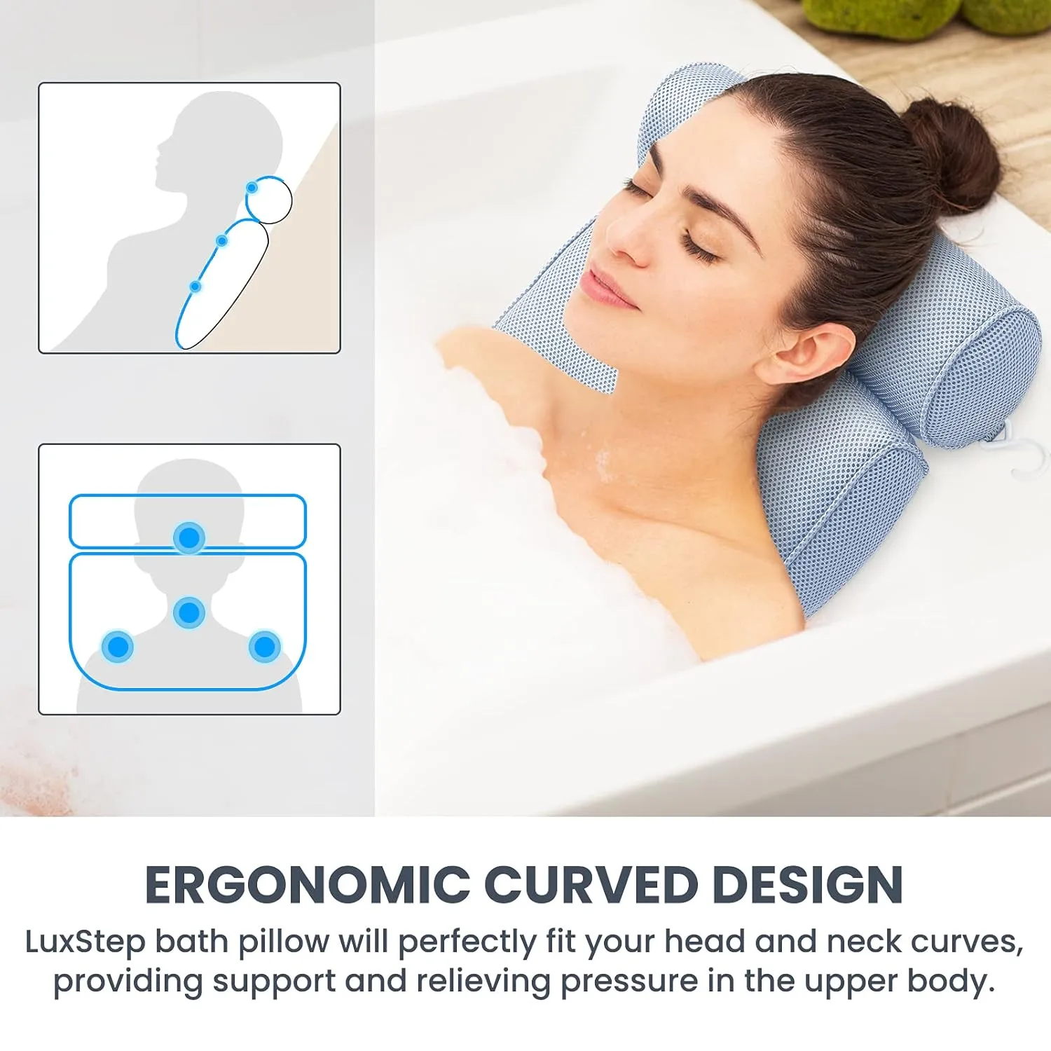 LuxStep Bath Pillow Bathtub Pillow with 6 Non-Slip Suction Cups for Head,Neck and Back Support, Extra Thick and Soft Air Mesh Spa Pillow for Bath - Fits All Bathtub, 15.35x14.56 Inch,Blue