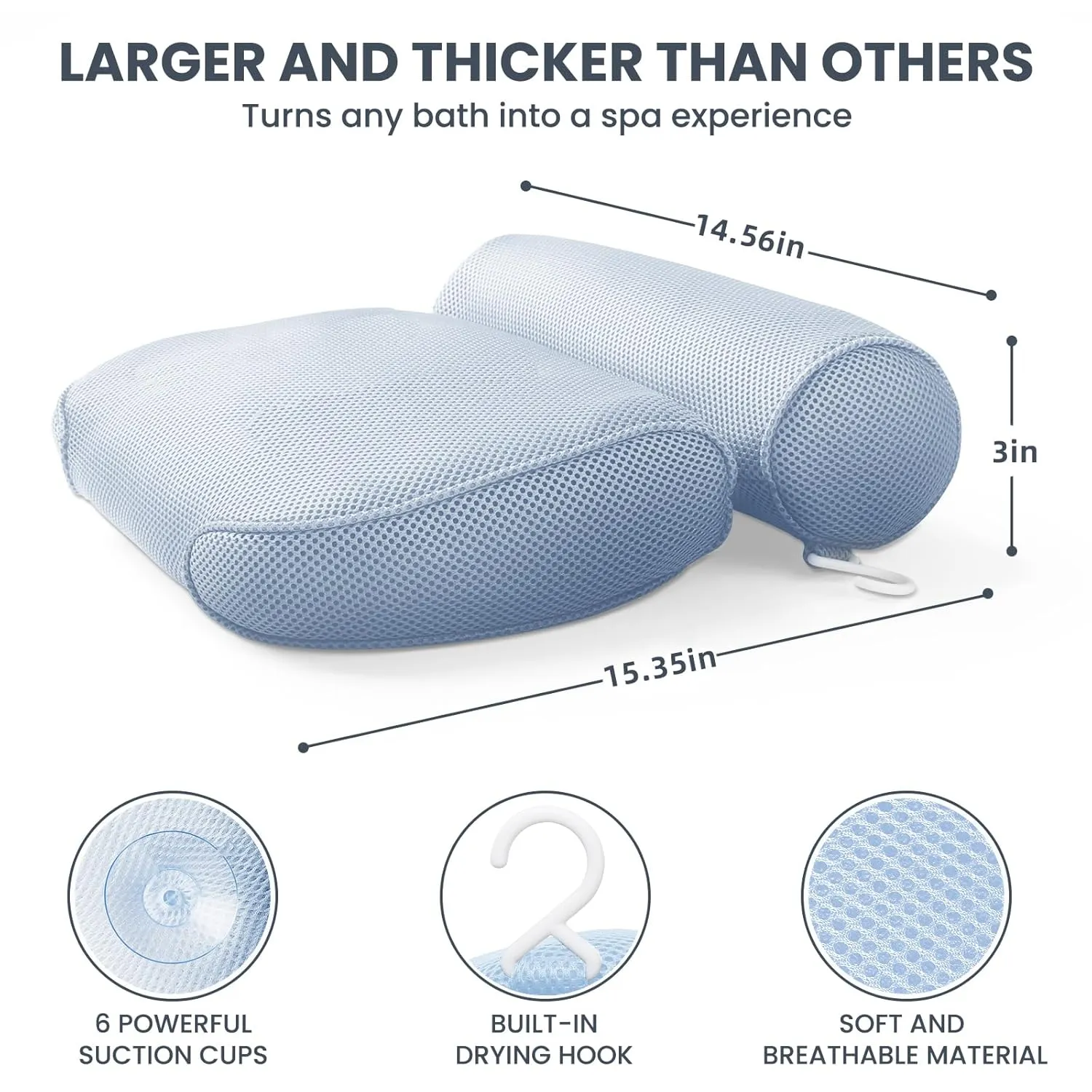 LuxStep Bath Pillow Bathtub Pillow with 6 Non-Slip Suction Cups for Head,Neck and Back Support, Extra Thick and Soft Air Mesh Spa Pillow for Bath - Fits All Bathtub, 15.35x14.56 Inch,Blue
