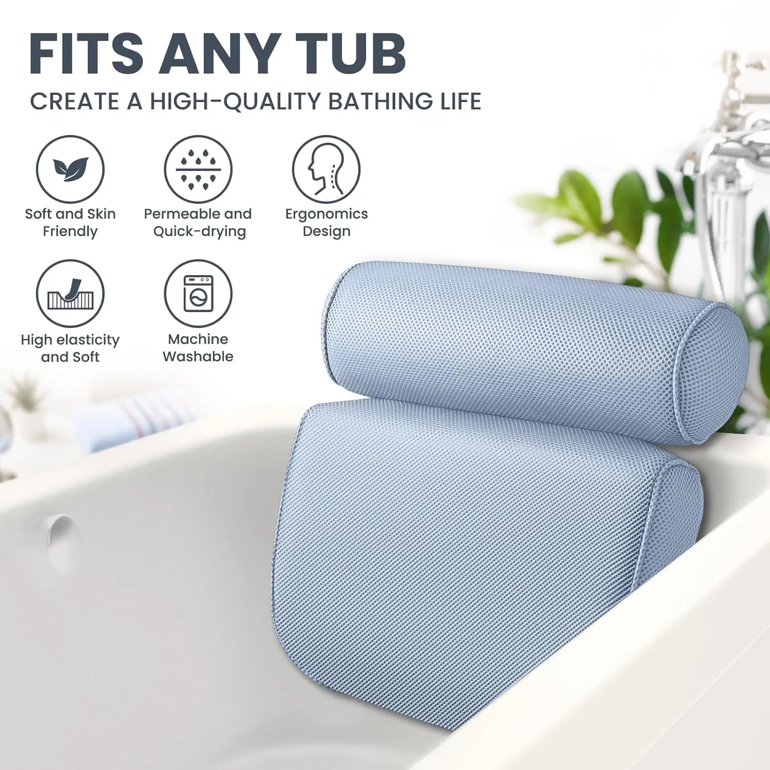 LuxStep Bath Pillow Bathtub Pillow with 6 Non-Slip Suction Cups for Head,Neck and Back Support, Extra Thick and Soft Air Mesh Spa Pillow for Bath - Fits All Bathtub, 15.35x14.56 Inch,Blue