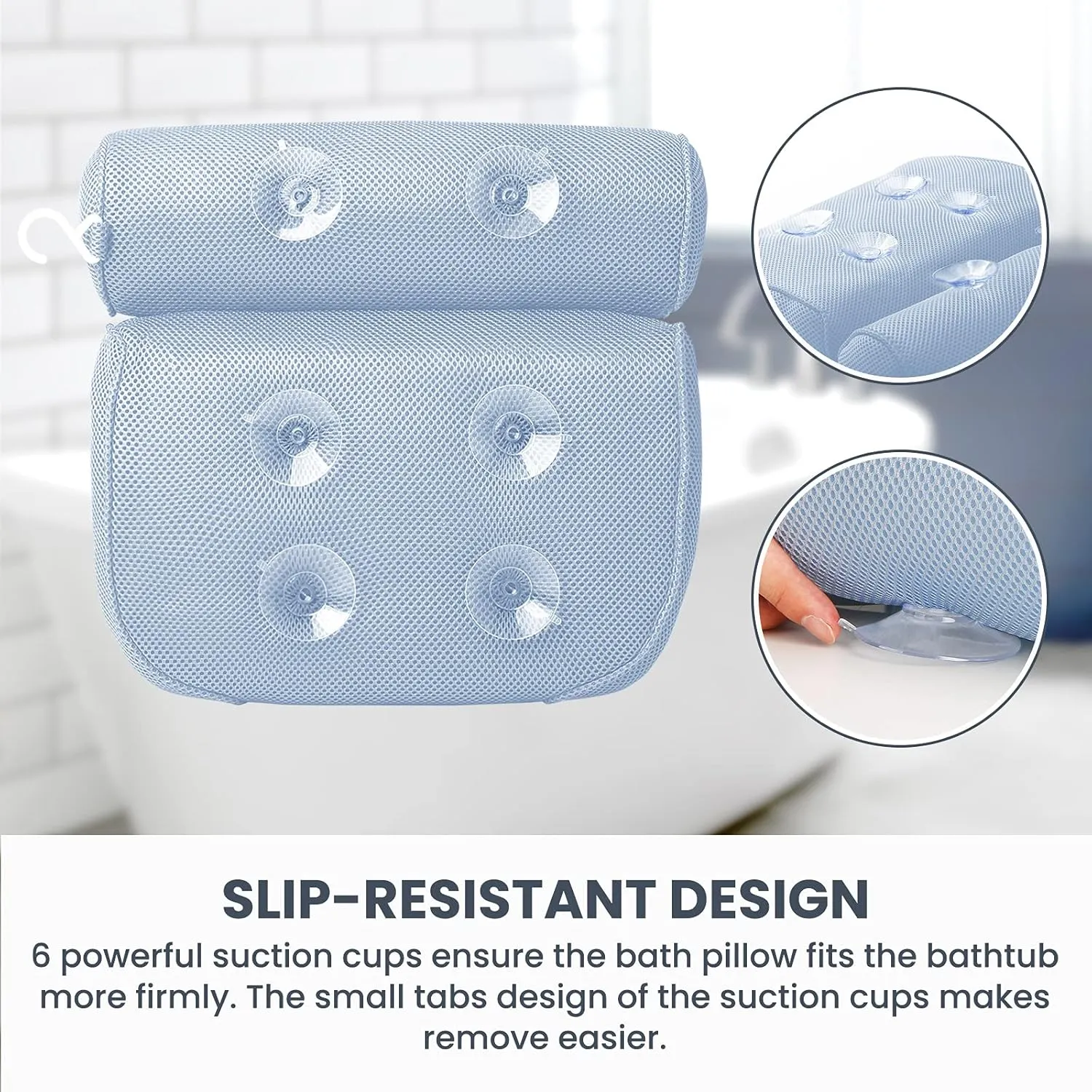 LuxStep Bath Pillow Bathtub Pillow with 6 Non-Slip Suction Cups for Head,Neck and Back Support, Extra Thick and Soft Air Mesh Spa Pillow for Bath - Fits All Bathtub, 15.35x14.56 Inch,Blue
