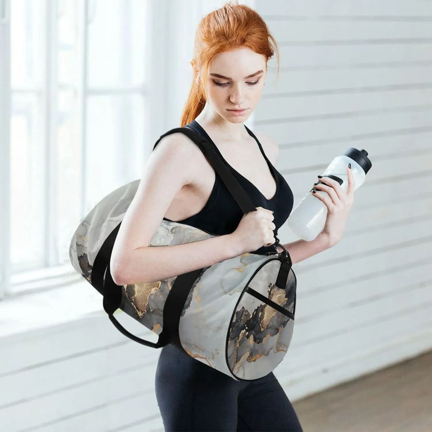 Luxury Abstract Fluid Marble Marbling Art painting Black Grey gold Duffel Bag, Foldable Canvas Travel Tote for Gym Sports with Inner Pockets, Durable Lightweight Fitness Bag for Overnight Workout