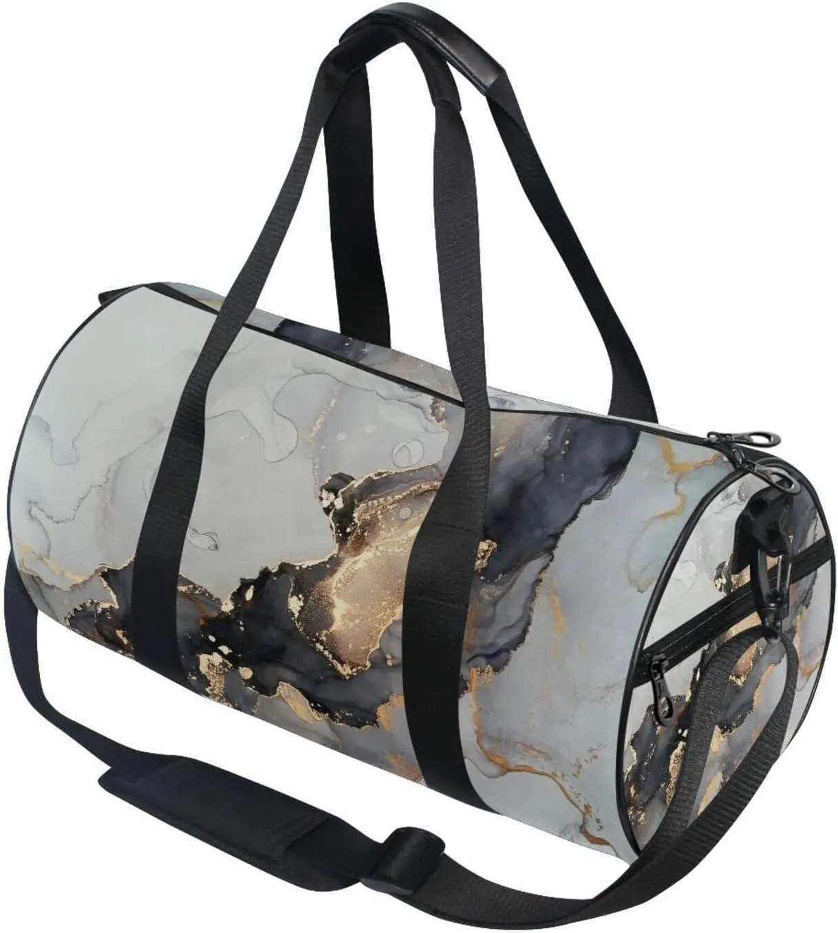 Luxury Abstract Fluid Marble Marbling Art painting Black Grey gold Duffel Bag, Foldable Canvas Travel Tote for Gym Sports with Inner Pockets, Durable Lightweight Fitness Bag for Overnight Workout