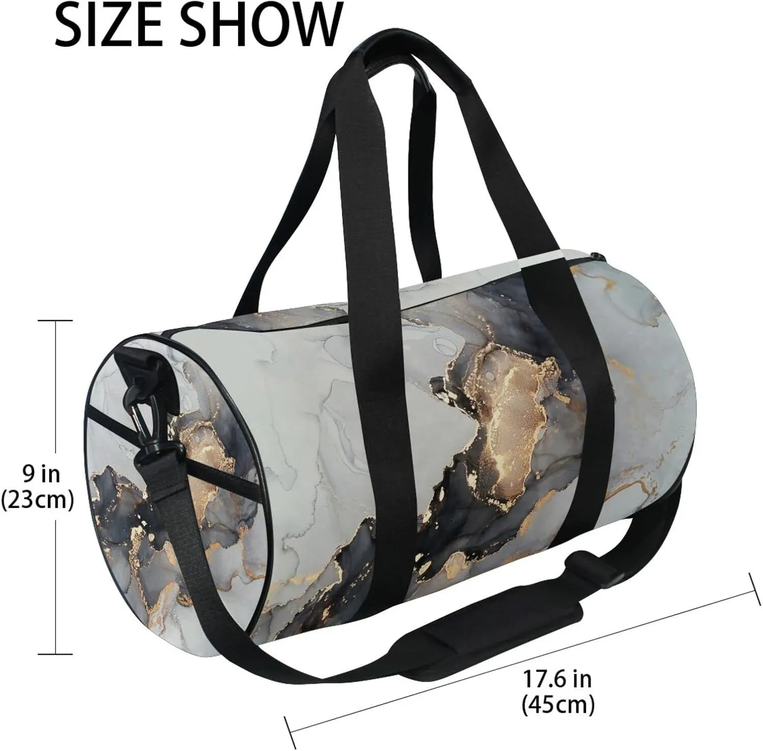 Luxury Abstract Fluid Marble Marbling Art painting Black Grey gold Duffel Bag, Foldable Canvas Travel Tote for Gym Sports with Inner Pockets, Durable Lightweight Fitness Bag for Overnight Workout