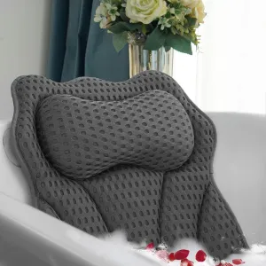 Luxury Bathtub Pillow, 4D Air Mesh Fabric for Breathability & Quick-Drying, Extra Thick Spa Cushion for Head, Neck, Back Support, Non-Slip Tub Pillow with Strong Suction Cups, Gray