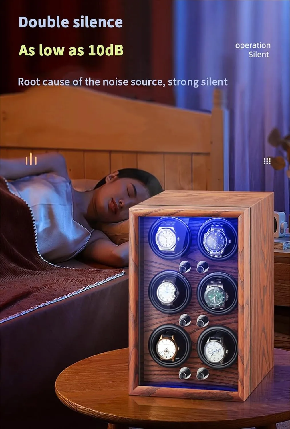 Luxury Watch Winder for 2 4 6Automatic Watches with Quiet Motors Wood Shell Display Case Flexible Watch Pillow Built-in LED Light