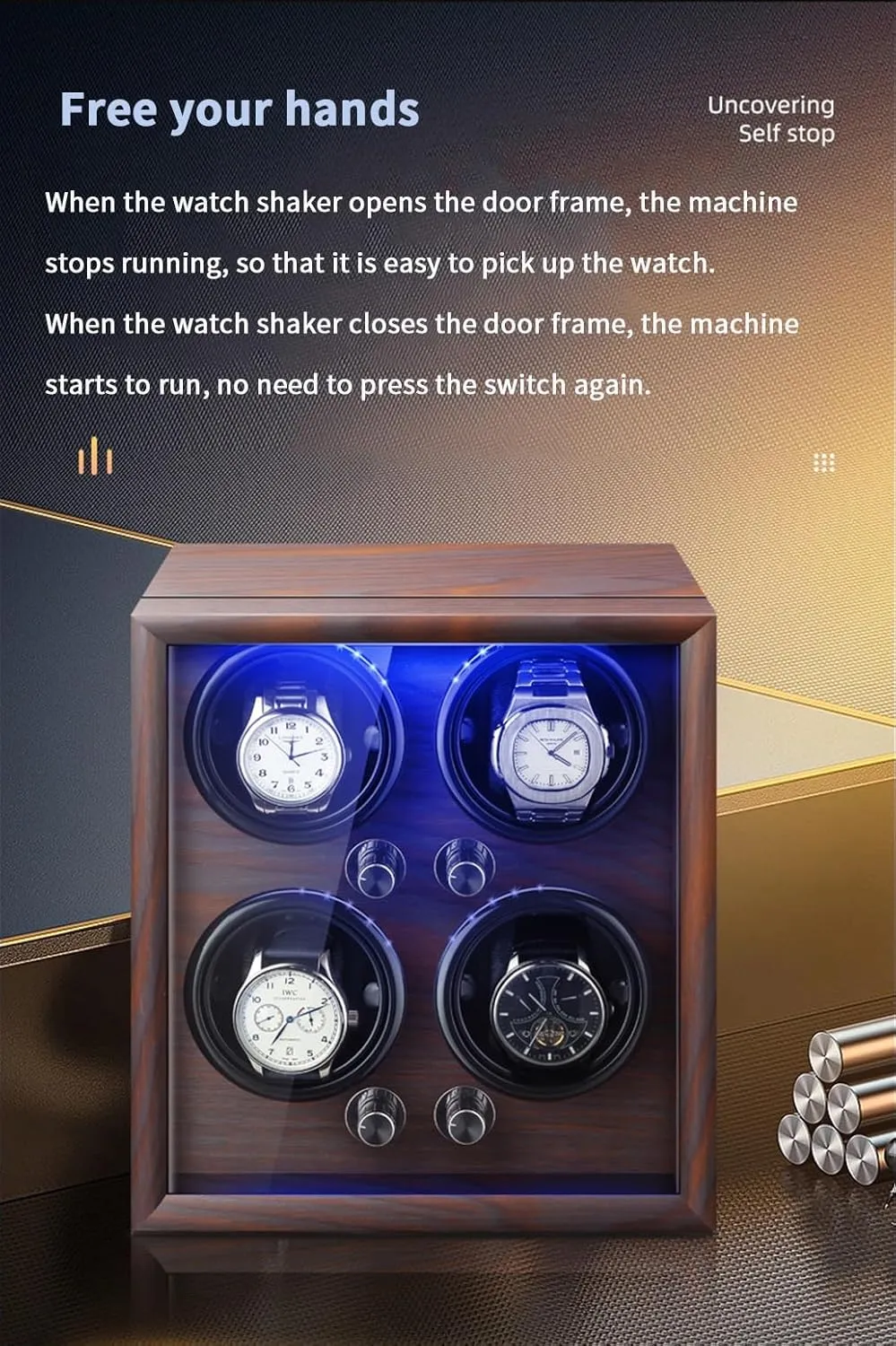 Luxury Watch Winder for 2 4 6Automatic Watches with Quiet Motors Wood Shell Display Case Flexible Watch Pillow Built-in LED Light