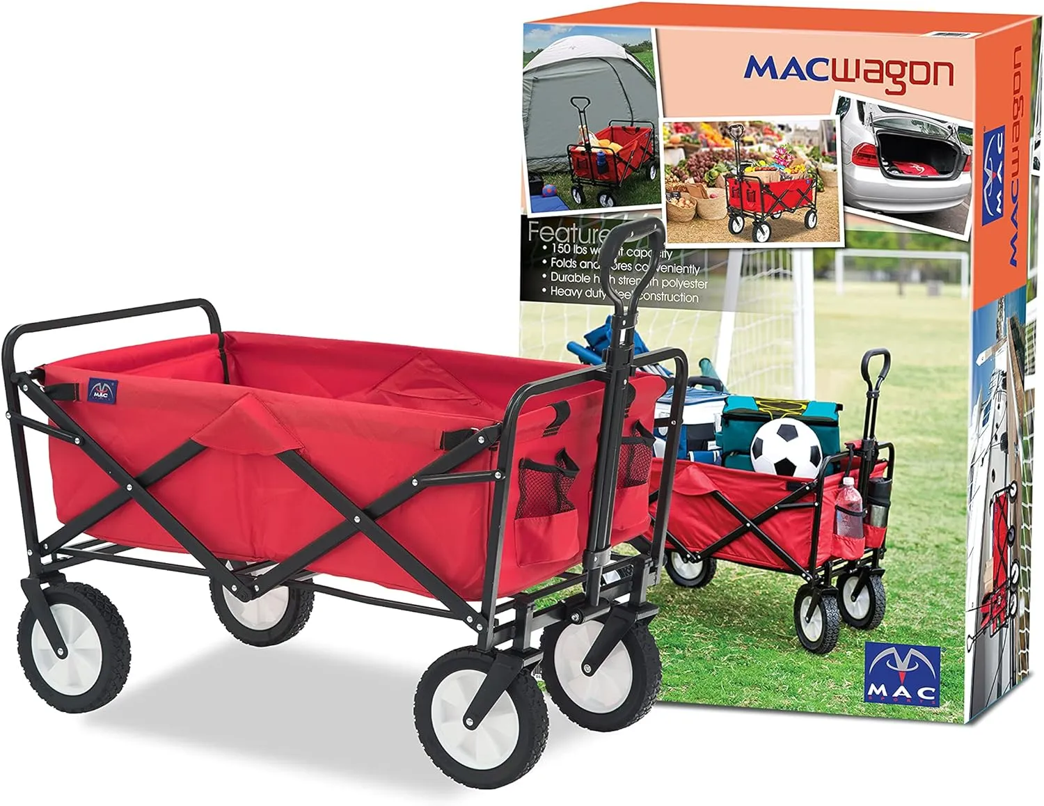 Mac Sports Heavy Duty Steel Frame Collapsible Folding 150 Pound Capacity Outdoor Camping Garden Utility Wagon Yard Cart, Red
