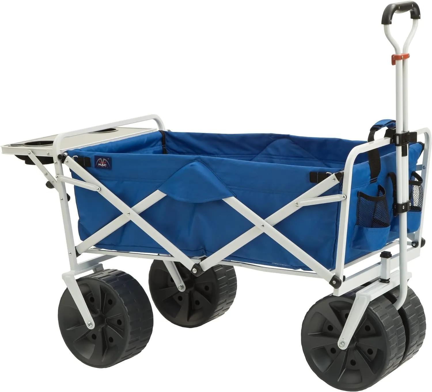 MacSports All Terrain Beach Wagon with Side Table|Heavy Duty Collapsible Folding Cart with Large Wheels for Beach Day, Picnic, Camping, Outdoor Activities | Blue/White