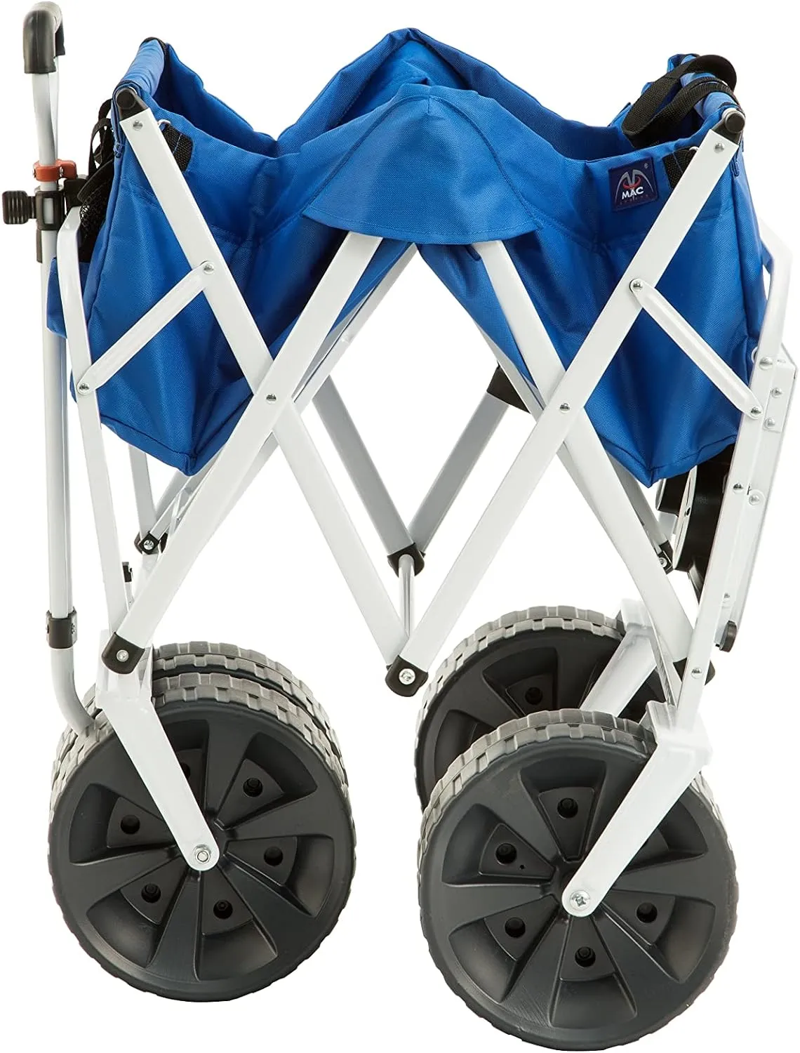 MacSports All Terrain Beach Wagon with Side Table|Heavy Duty Collapsible Folding Cart with Large Wheels for Beach Day, Picnic, Camping, Outdoor Activities | Blue/White