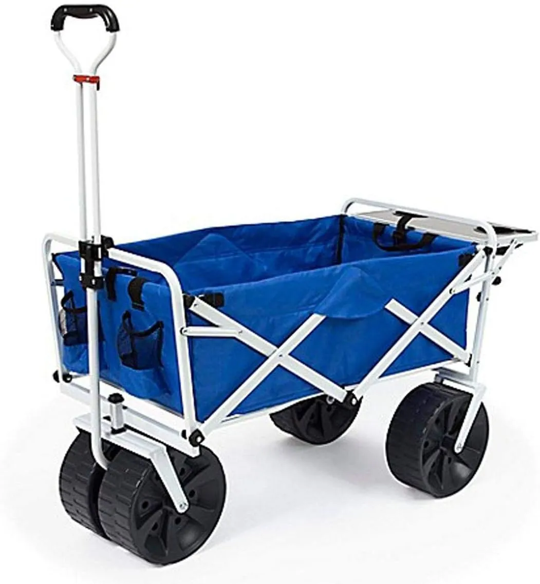 MacSports All Terrain Beach Wagon with Side Table|Heavy Duty Collapsible Folding Cart with Large Wheels for Beach Day, Picnic, Camping, Outdoor Activities | Blue/White