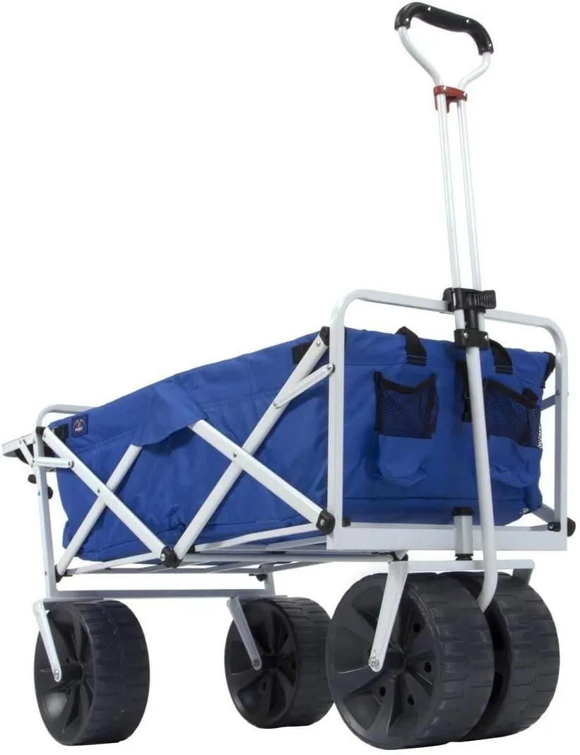MacSports All Terrain Beach Wagon with Side Table|Heavy Duty Collapsible Folding Cart with Large Wheels for Beach Day, Picnic, Camping, Outdoor Activities | Blue/White