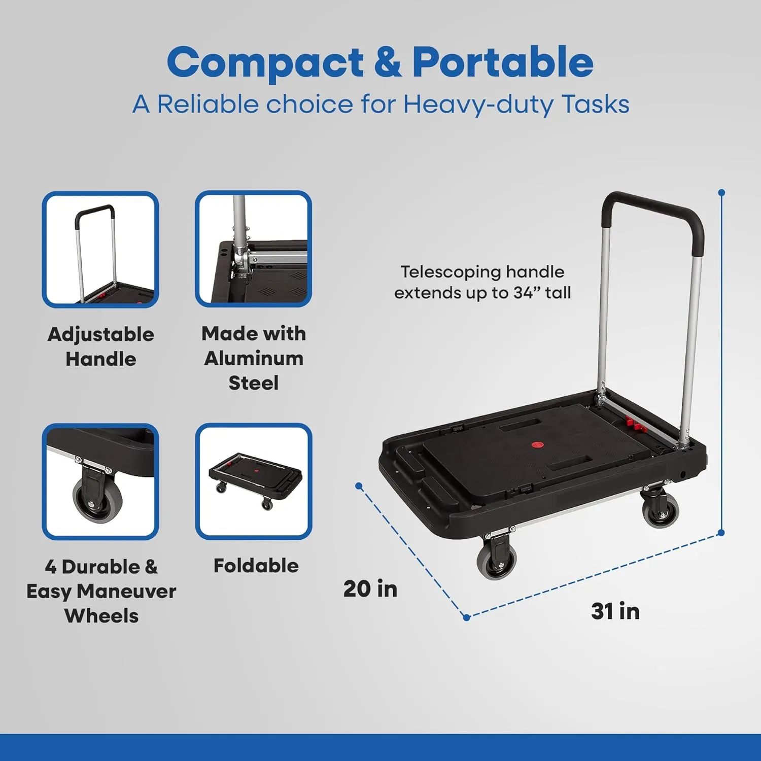 Magna Cart Foldable Dolly Cart, Platform Hand Truck with Wheels, 500 Lbs