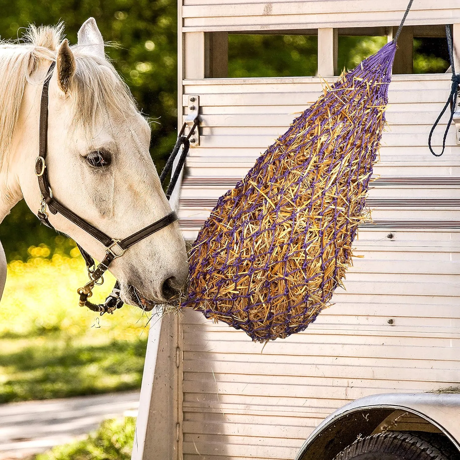 Majestic Ally 2 pcs 42" Long and 2.0"x 2.0" Holed Hay Net for Horses, Adjustable Travel Feeder, Regulate Intake of Hay hence Improve Digestion and Reduce Waste (RED)
