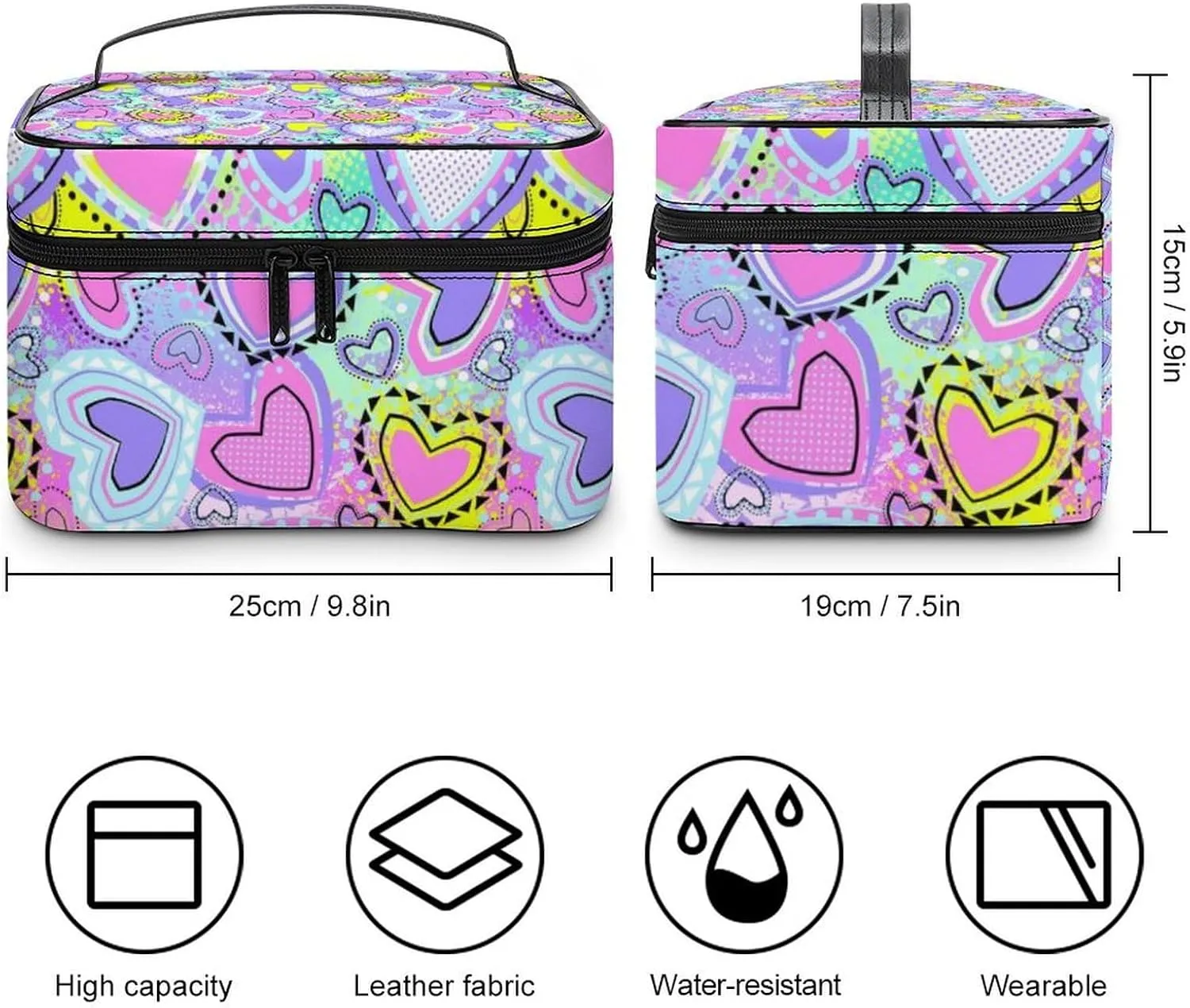Make Up Bags Bright Purple Pink Unicorns Girls Love Hearts Cosmetics Organizer Case for Women, Travel Toiletry Brushes Storage Bag with Carry Handle