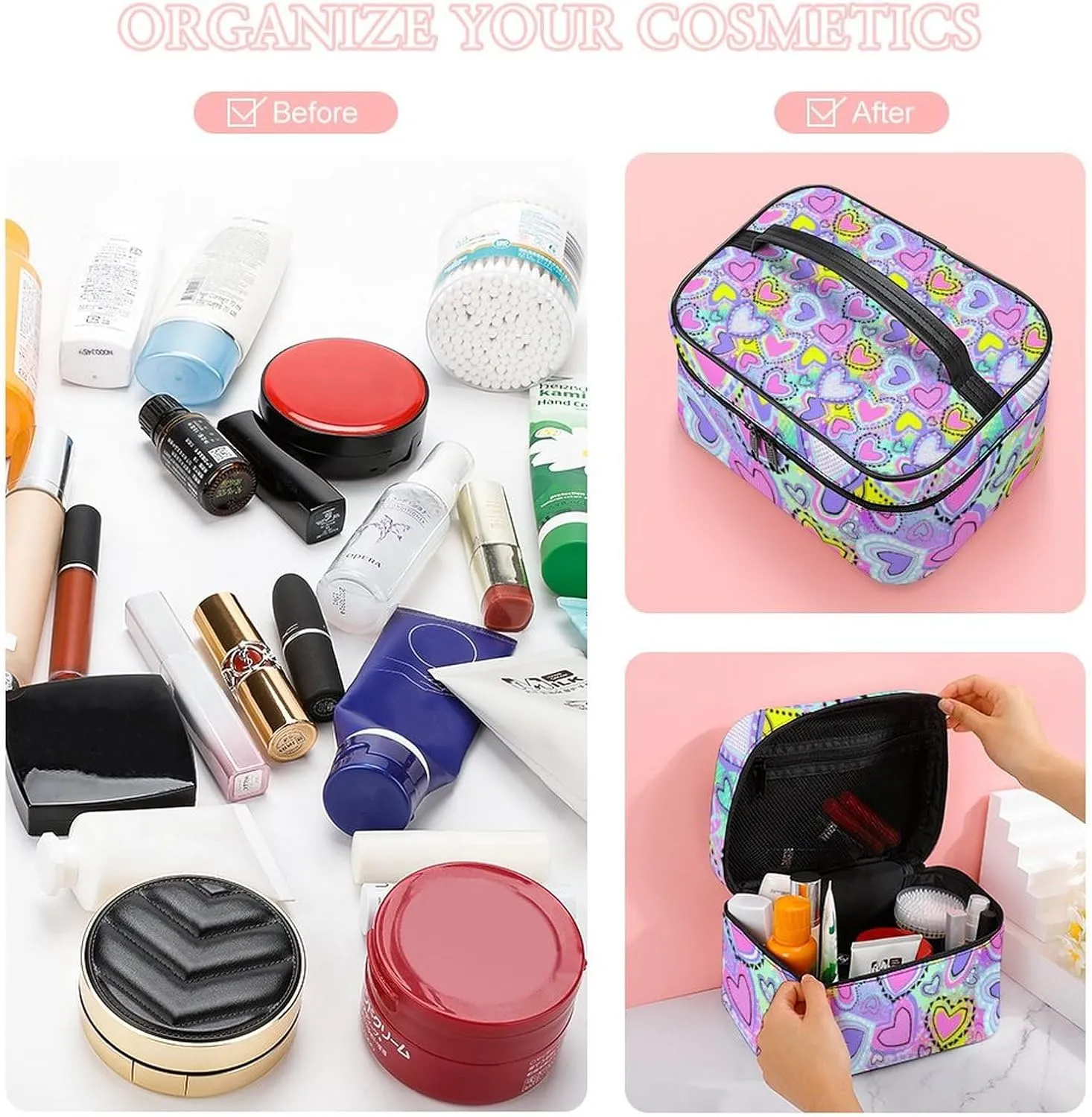 Make Up Bags Bright Purple Pink Unicorns Girls Love Hearts Cosmetics Organizer Case for Women, Travel Toiletry Brushes Storage Bag with Carry Handle