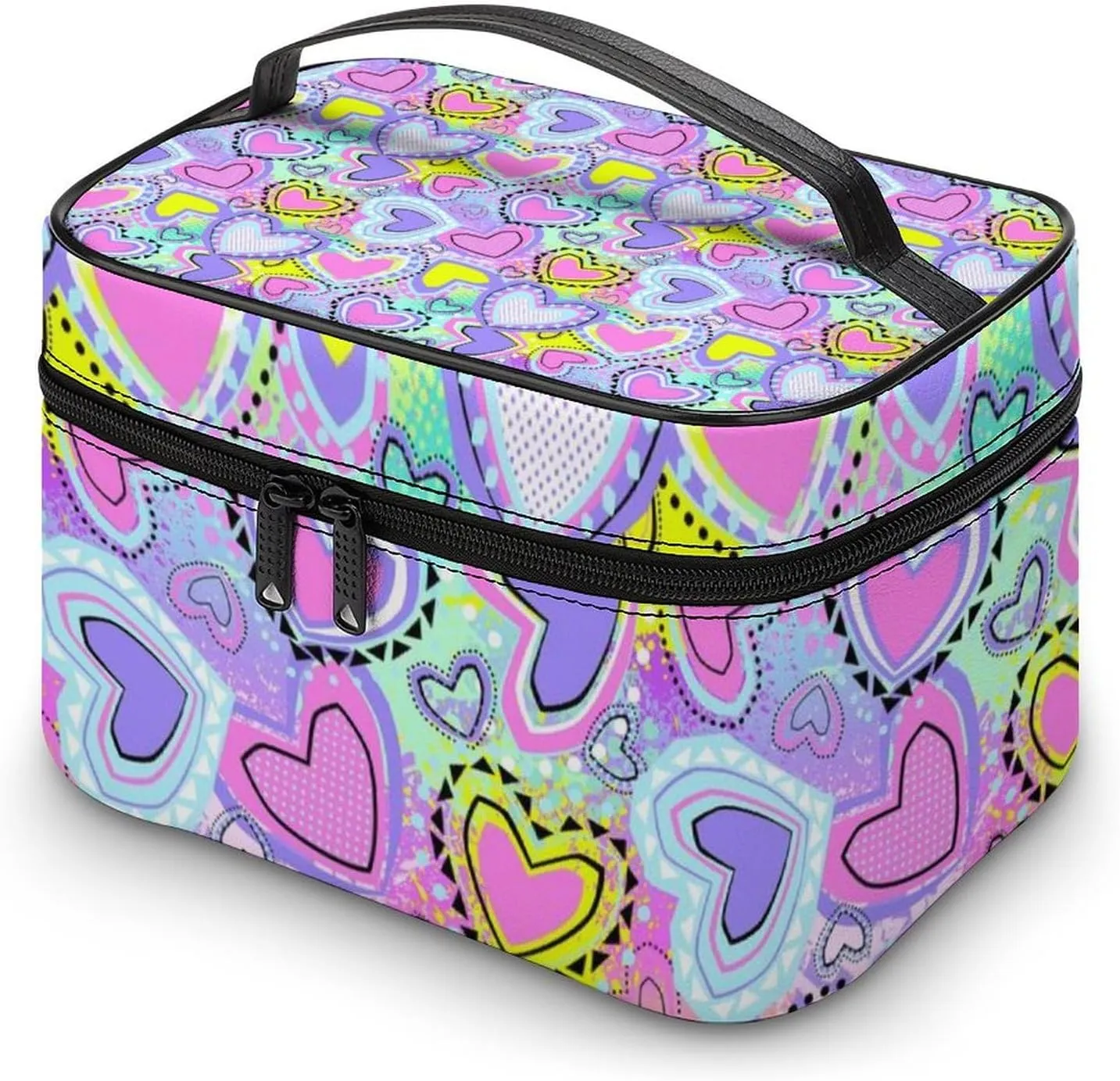 Make Up Bags Bright Purple Pink Unicorns Girls Love Hearts Cosmetics Organizer Case for Women, Travel Toiletry Brushes Storage Bag with Carry Handle