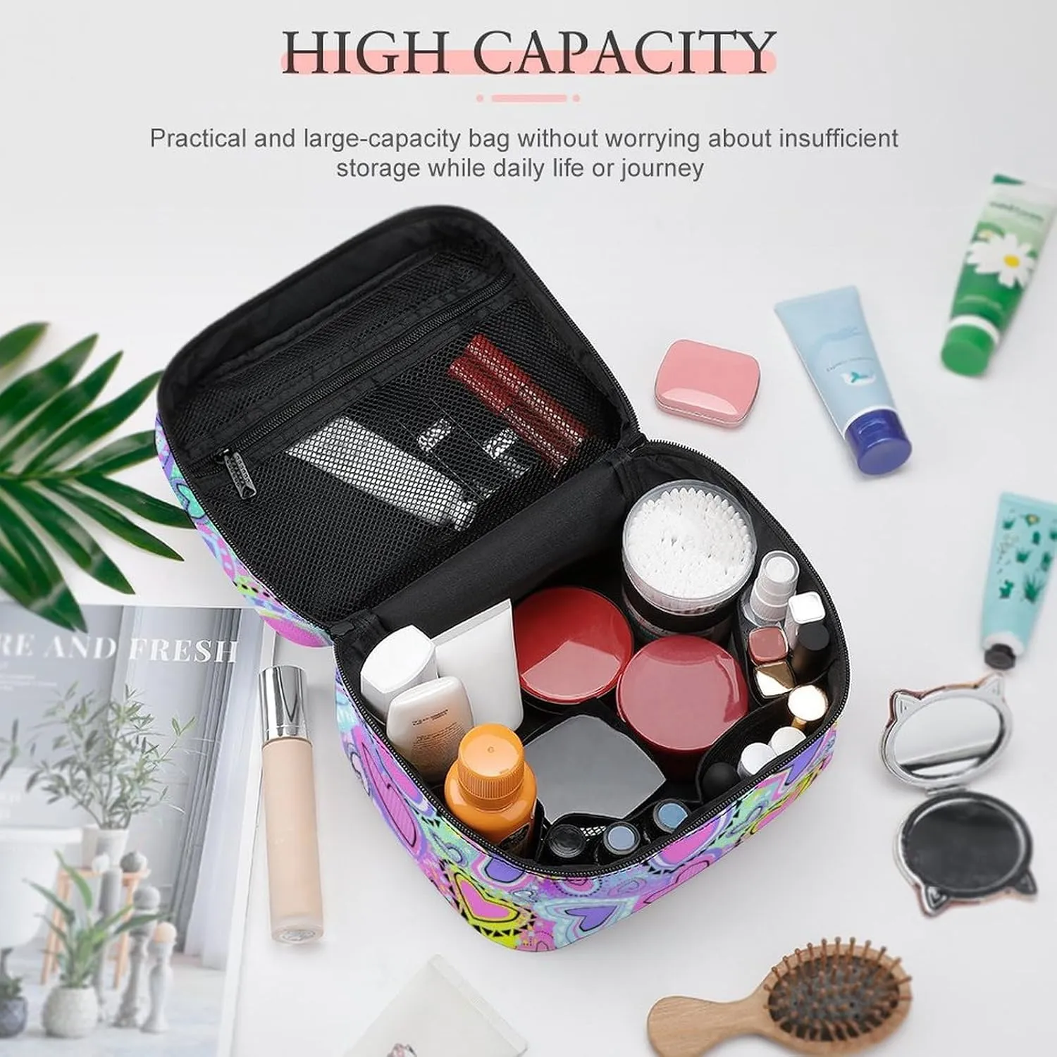 Make Up Bags Bright Purple Pink Unicorns Girls Love Hearts Cosmetics Organizer Case for Women, Travel Toiletry Brushes Storage Bag with Carry Handle