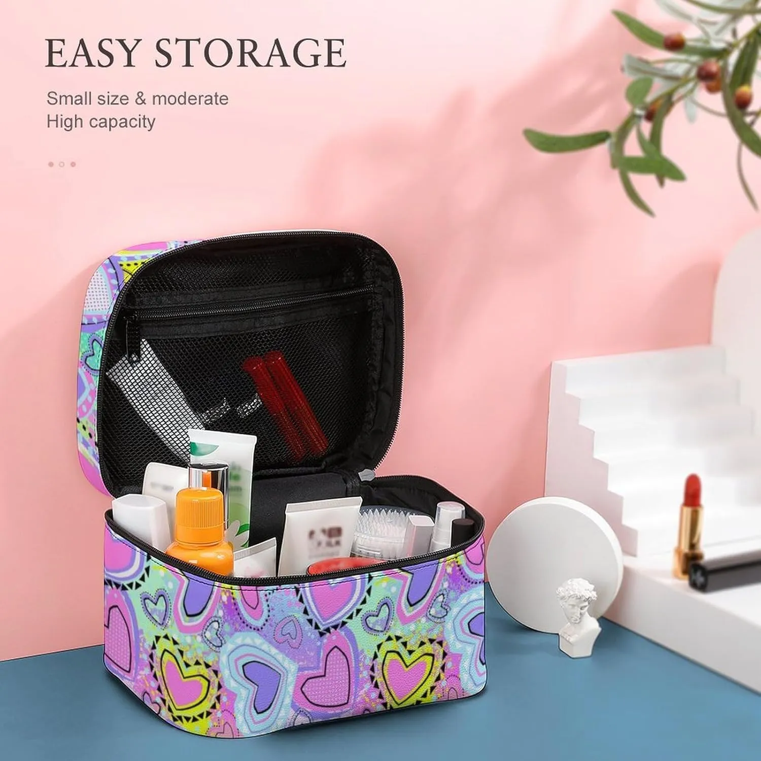 Make Up Bags Bright Purple Pink Unicorns Girls Love Hearts Cosmetics Organizer Case for Women, Travel Toiletry Brushes Storage Bag with Carry Handle