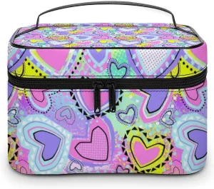 Make Up Bags Bright Purple Pink Unicorns Girls Love Hearts Cosmetics Organizer Case for Women, Travel Toiletry Brushes Storage Bag with Carry Handle