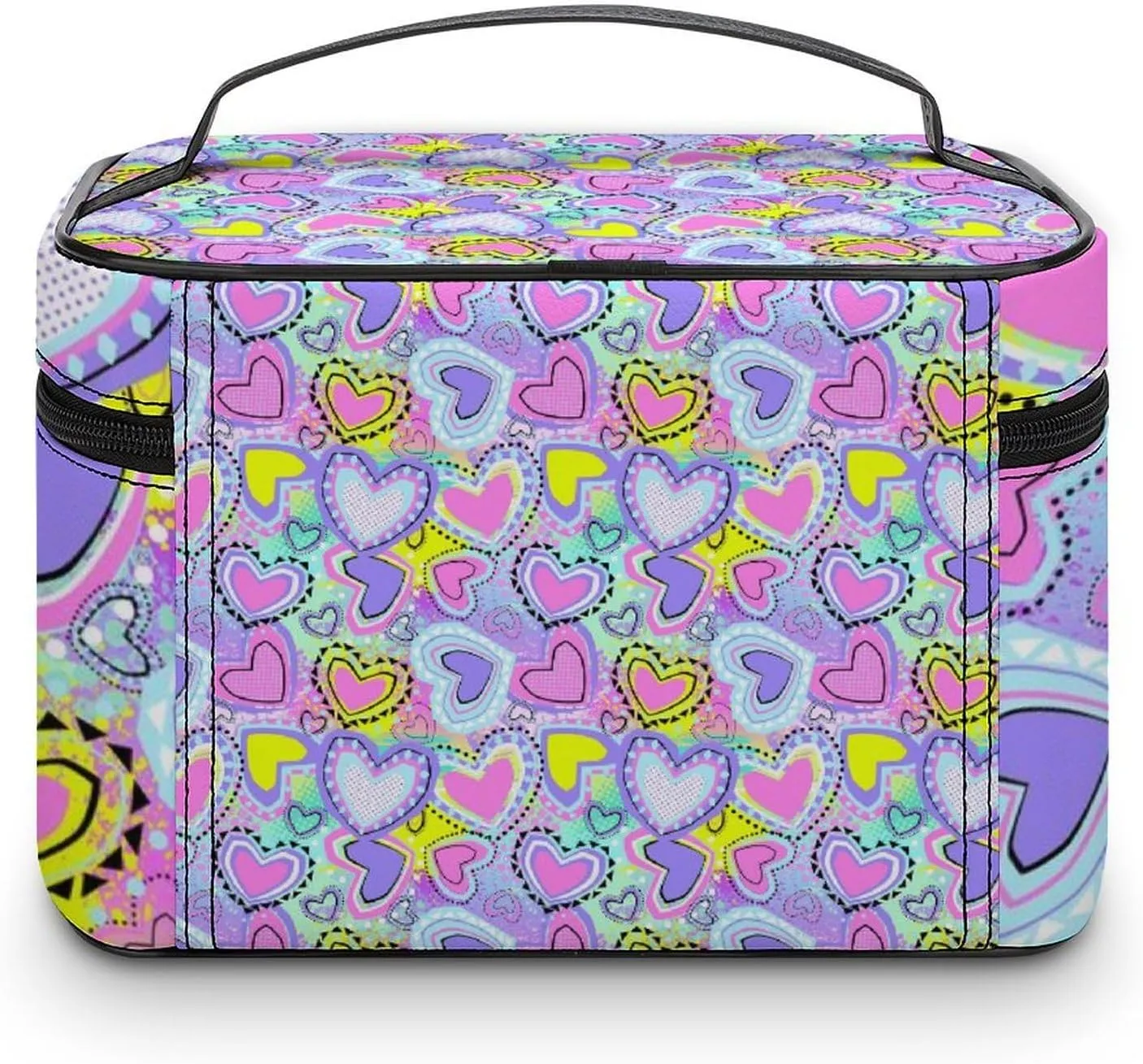 Make Up Bags Bright Purple Pink Unicorns Girls Love Hearts Cosmetics Organizer Case for Women, Travel Toiletry Brushes Storage Bag with Carry Handle