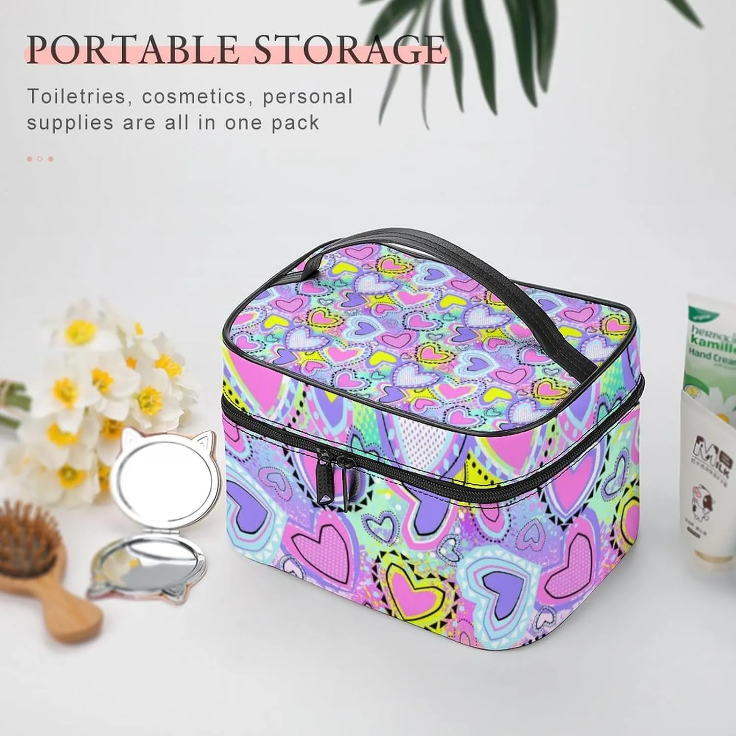 Make Up Bags Bright Purple Pink Unicorns Girls Love Hearts Cosmetics Organizer Case for Women, Travel Toiletry Brushes Storage Bag with Carry Handle