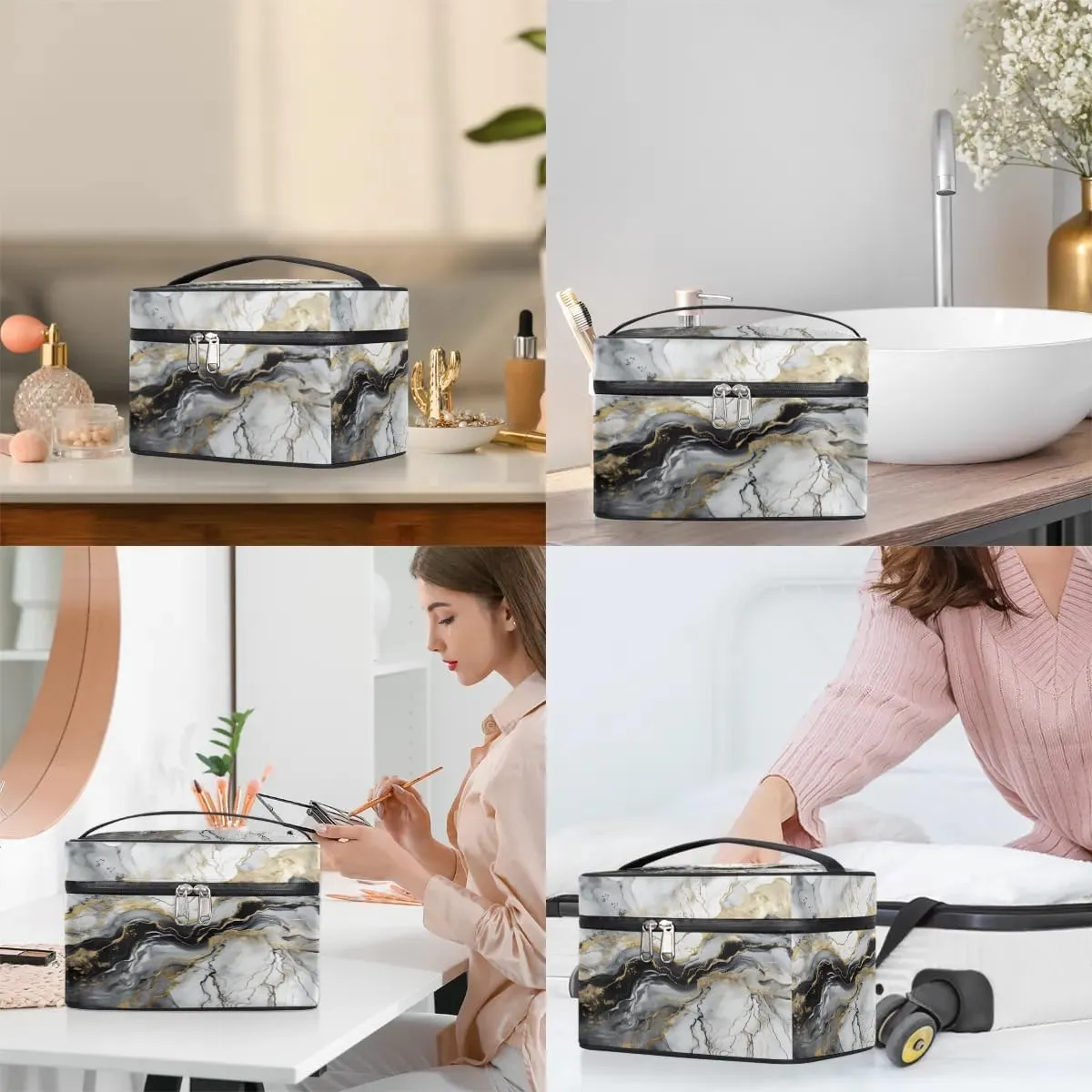 Makeup Bag Large Abstract Marble Texture Toiletry Bag for Women Travel Cosmetic Bag Portable Makeup Bag for Bottles Brushes Lipstick Skin Care