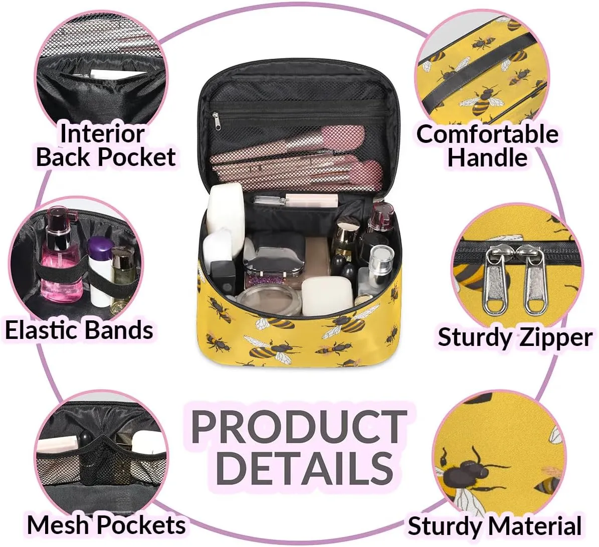 Makeup Bag Large Bees Theme Toiletry Bag for Women Travel Cosmetic Bag Portable Makeup Bag for Bottles Brushes Lipstick Skin Care