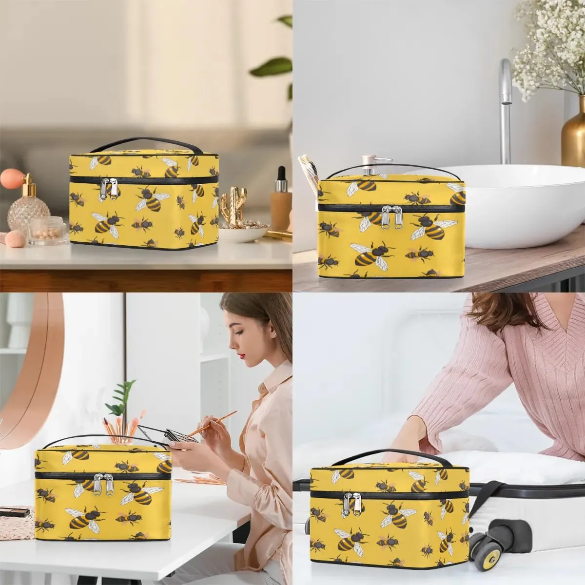 Makeup Bag Large Bees Theme Toiletry Bag for Women Travel Cosmetic Bag Portable Makeup Bag for Bottles Brushes Lipstick Skin Care