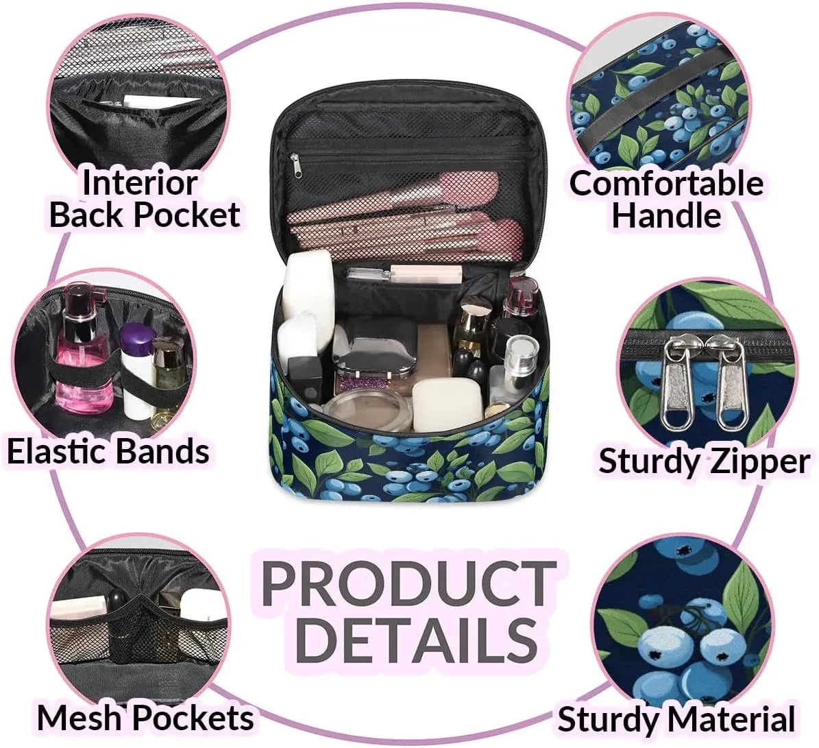 Makeup Bag Large Blueberries Printed Toiletry Bag for Women Travel Cosmetic Bag Portable Makeup Bag for Bottles Brushes Lipstick Skin Care