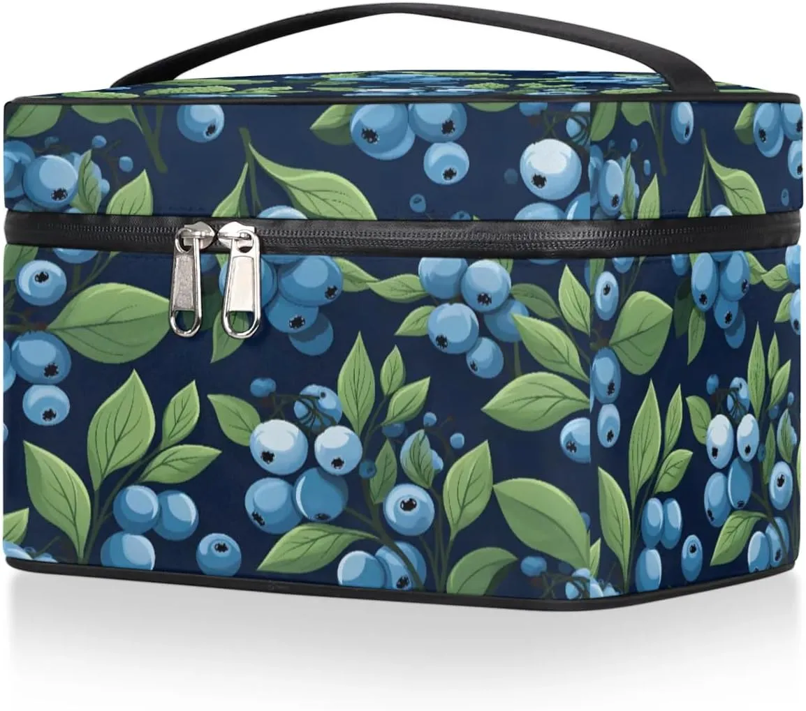 Makeup Bag Large Blueberries Printed Toiletry Bag for Women Travel Cosmetic Bag Portable Makeup Bag for Bottles Brushes Lipstick Skin Care