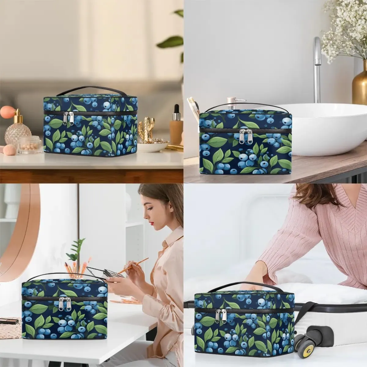 Makeup Bag Large Blueberries Printed Toiletry Bag for Women Travel Cosmetic Bag Portable Makeup Bag for Bottles Brushes Lipstick Skin Care
