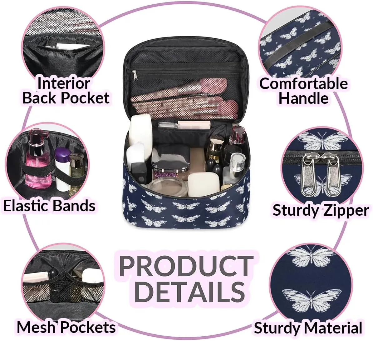 Makeup Bag Large Butterflies Pattern Toiletry Bag for Women Travel Cosmetic Bag Portable Makeup Bag for Bottles Brushes Lipstick Skin Care