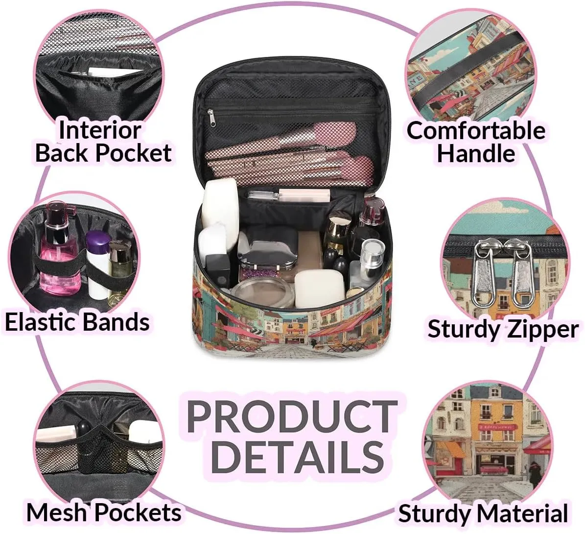 Makeup Bag Large Cartoon Streetscape Toiletry Bag for Women Travel Cosmetic Bag Portable Makeup Bag for Bottles Brushes Lipstick Skin Care