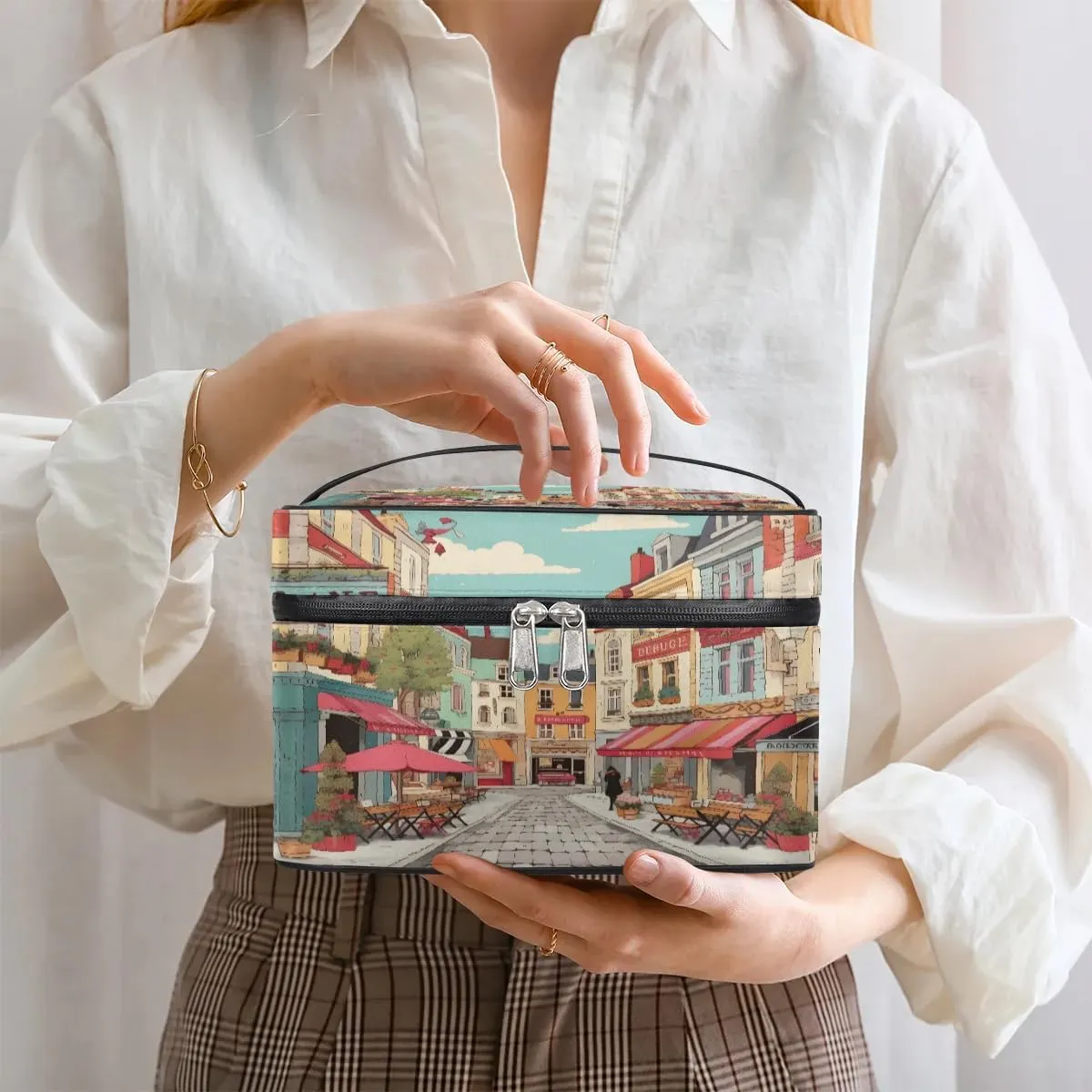 Makeup Bag Large Cartoon Streetscape Toiletry Bag for Women Travel Cosmetic Bag Portable Makeup Bag for Bottles Brushes Lipstick Skin Care