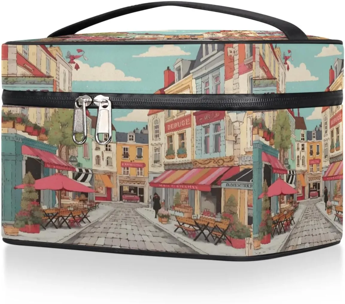 Makeup Bag Large Cartoon Streetscape Toiletry Bag for Women Travel Cosmetic Bag Portable Makeup Bag for Bottles Brushes Lipstick Skin Care