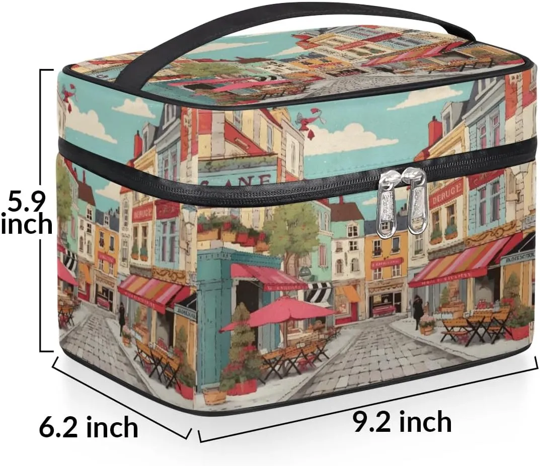 Makeup Bag Large Cartoon Streetscape Toiletry Bag for Women Travel Cosmetic Bag Portable Makeup Bag for Bottles Brushes Lipstick Skin Care