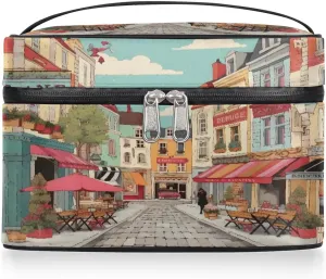 Makeup Bag Large Cartoon Streetscape Toiletry Bag for Women Travel Cosmetic Bag Portable Makeup Bag for Bottles Brushes Lipstick Skin Care