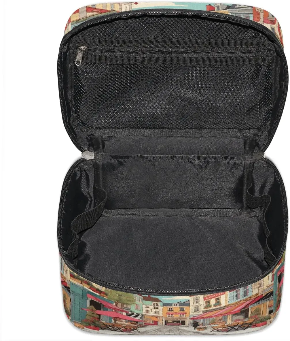 Makeup Bag Large Cartoon Streetscape Toiletry Bag for Women Travel Cosmetic Bag Portable Makeup Bag for Bottles Brushes Lipstick Skin Care