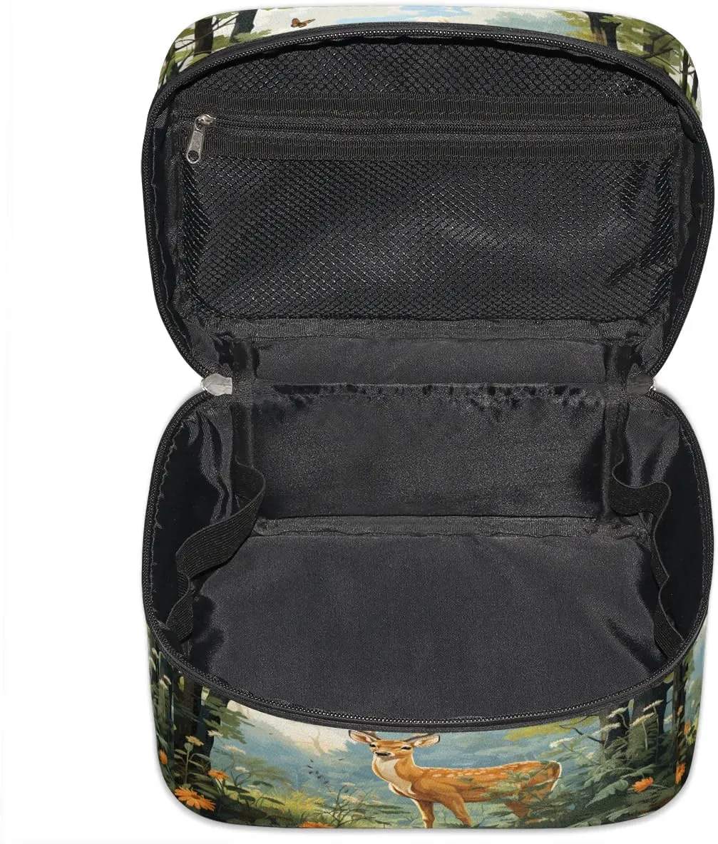Makeup Bag Large Deer Forest Animal Toiletry Bag for Women Travel Cosmetic Bag Portable Makeup Bag for Bottles Brushes Lipstick Skin Care
