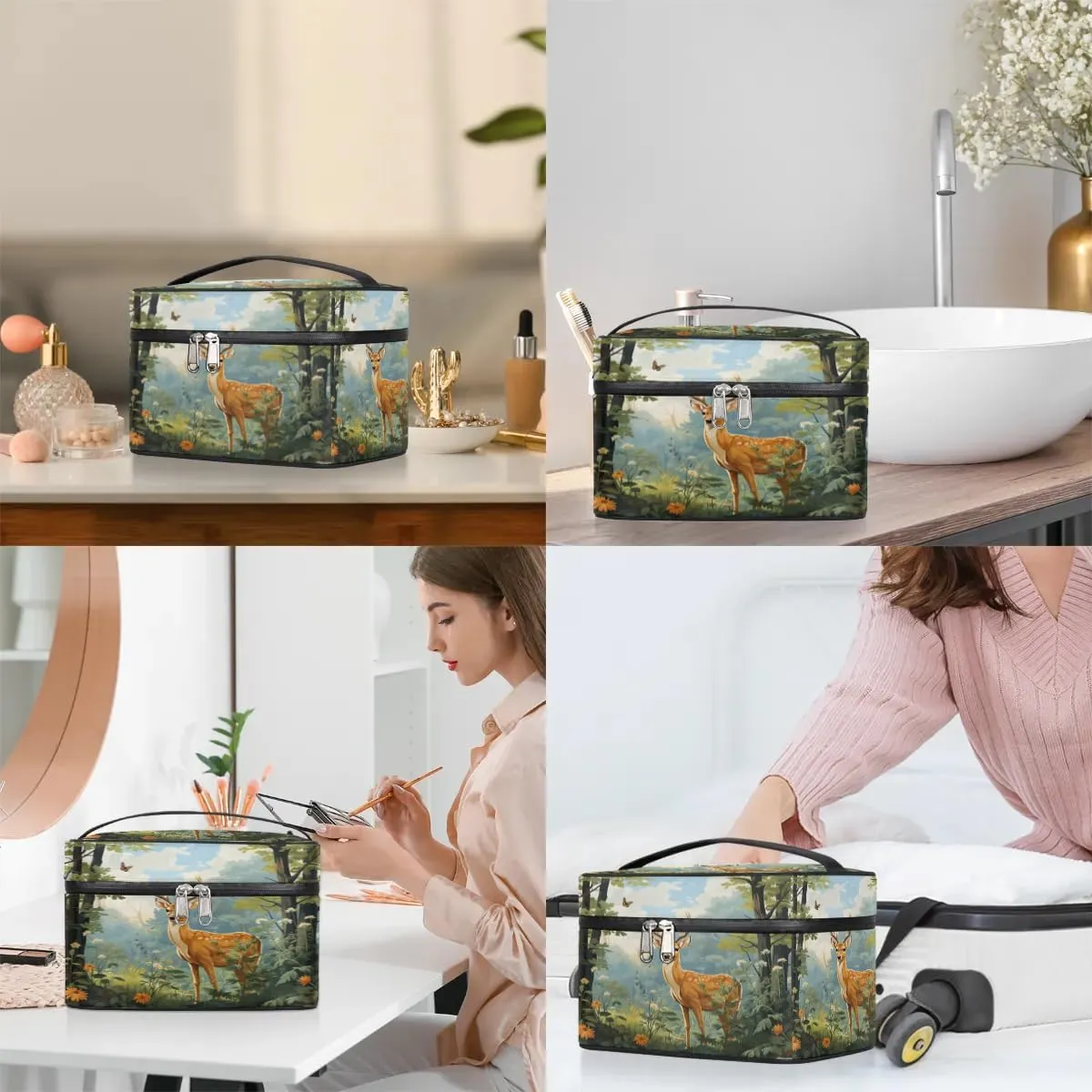 Makeup Bag Large Deer Forest Animal Toiletry Bag for Women Travel Cosmetic Bag Portable Makeup Bag for Bottles Brushes Lipstick Skin Care